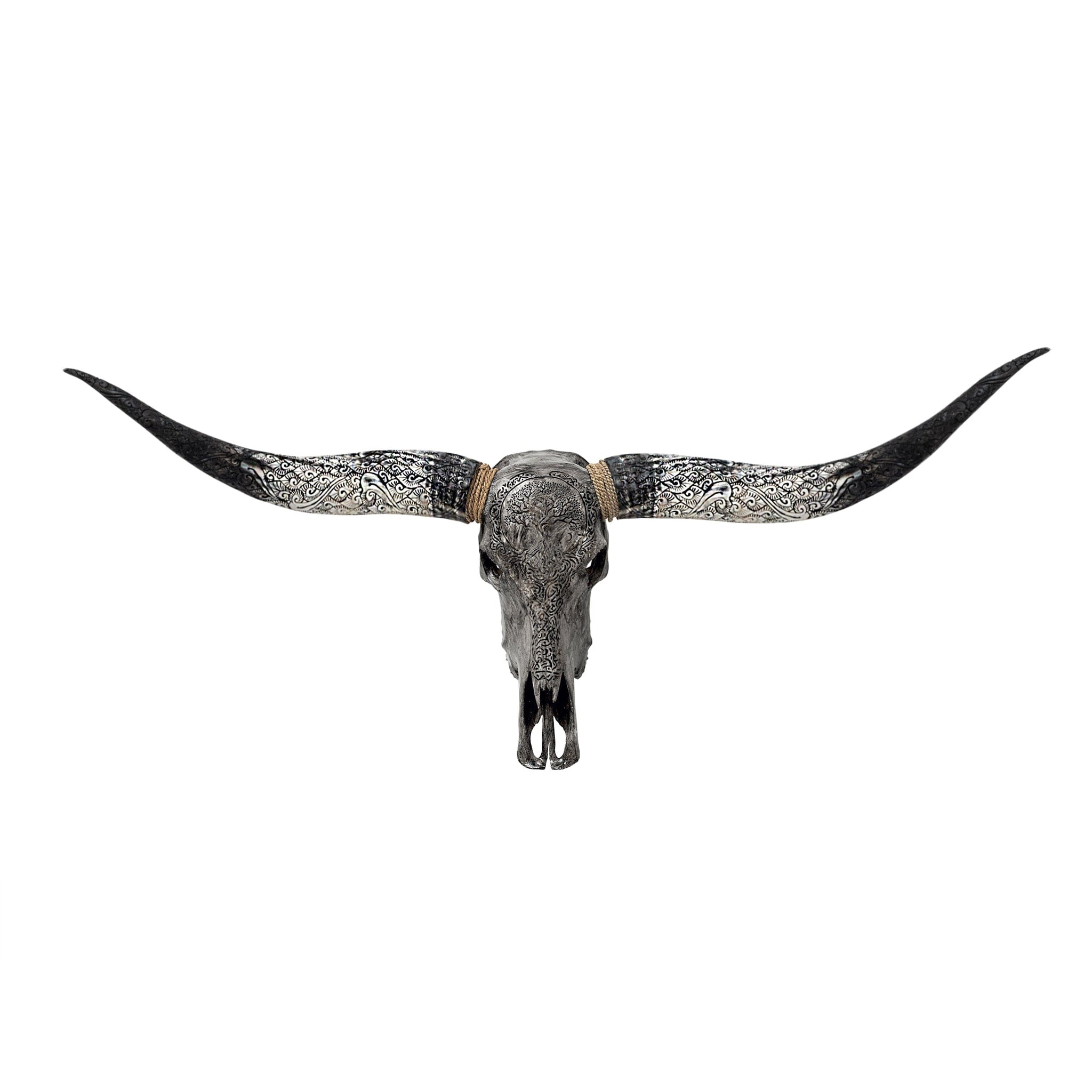 Hand Carved Longhorn Skull - Gray Yggdrasil
