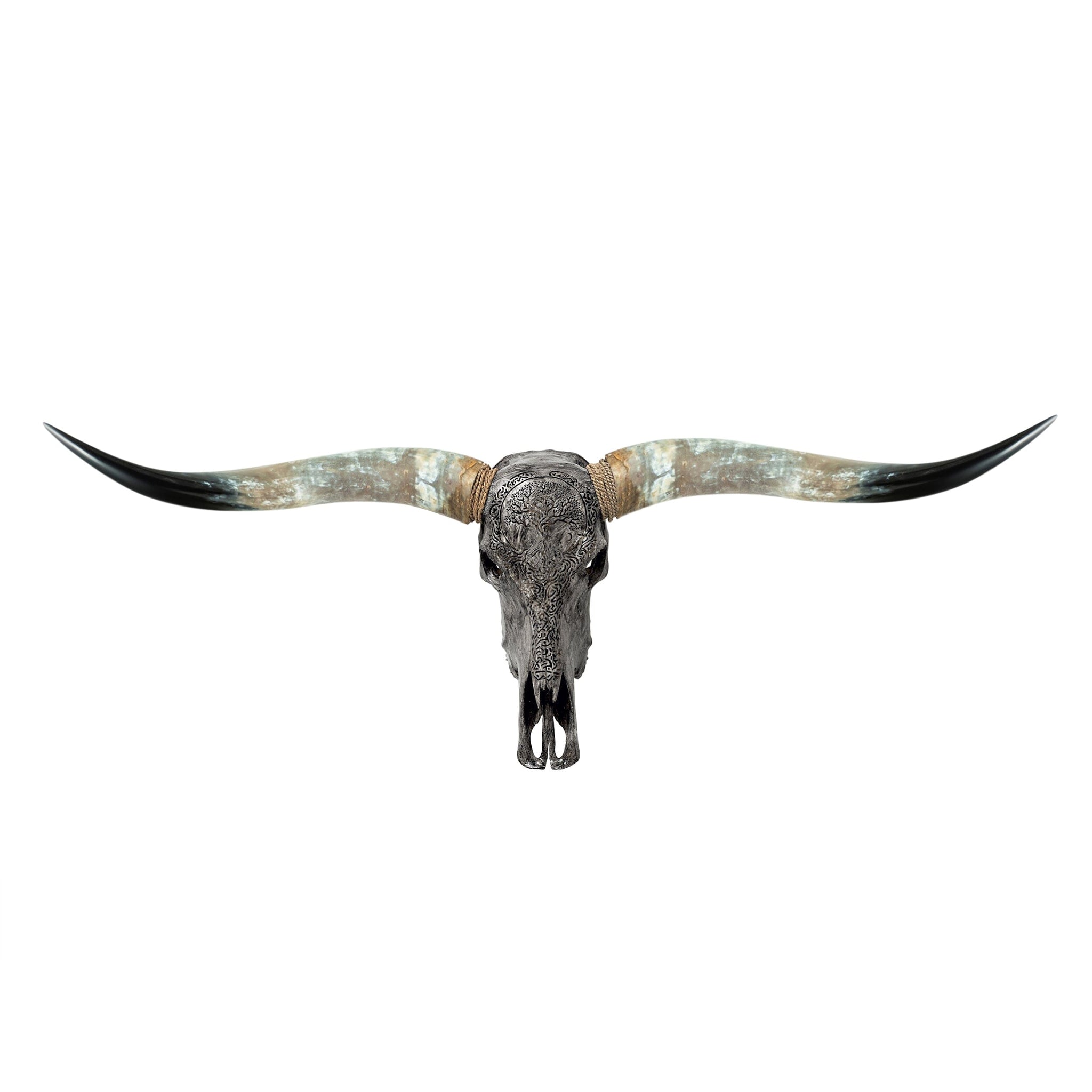 Hand Carved Longhorn Skull - Gray Yggdrasil