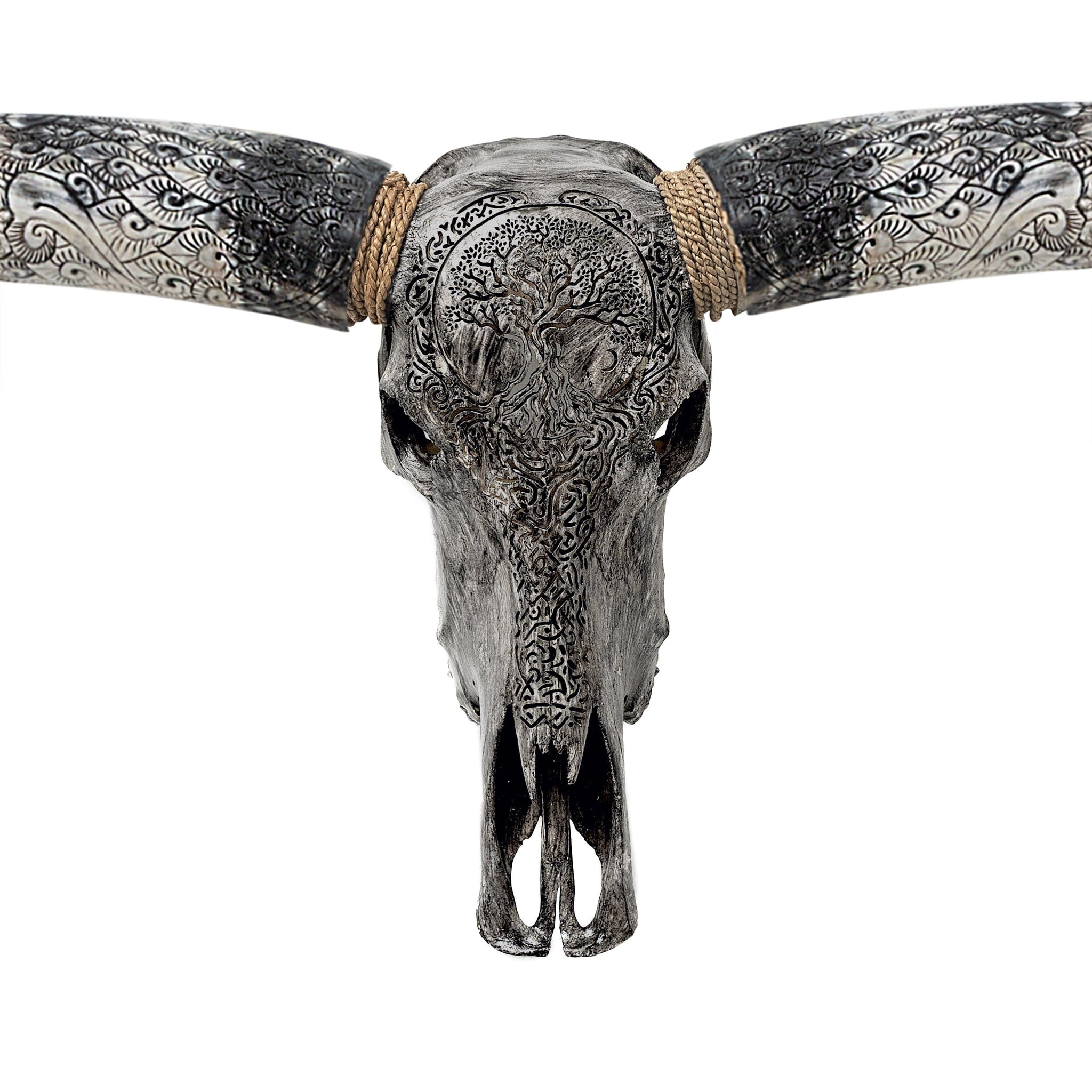 Hand Carved Longhorn Skull - Gray Yggdrasil
