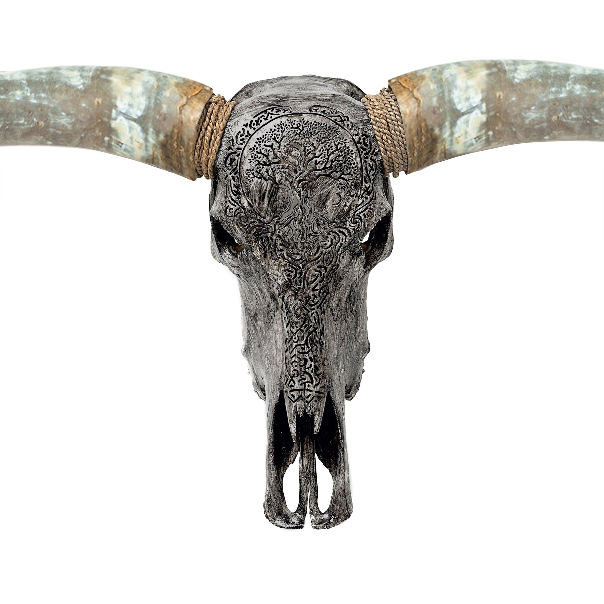 Hand Carved Longhorn Skull - Gray Yggdrasil