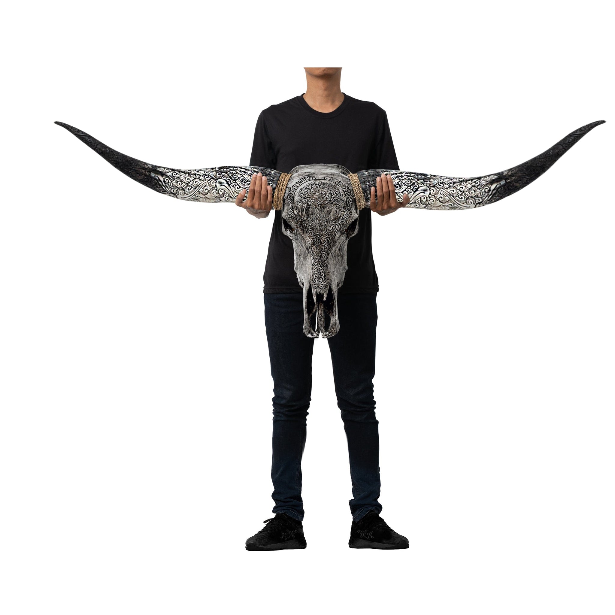 Hand Carved Longhorn Skull - Gray Yggdrasil