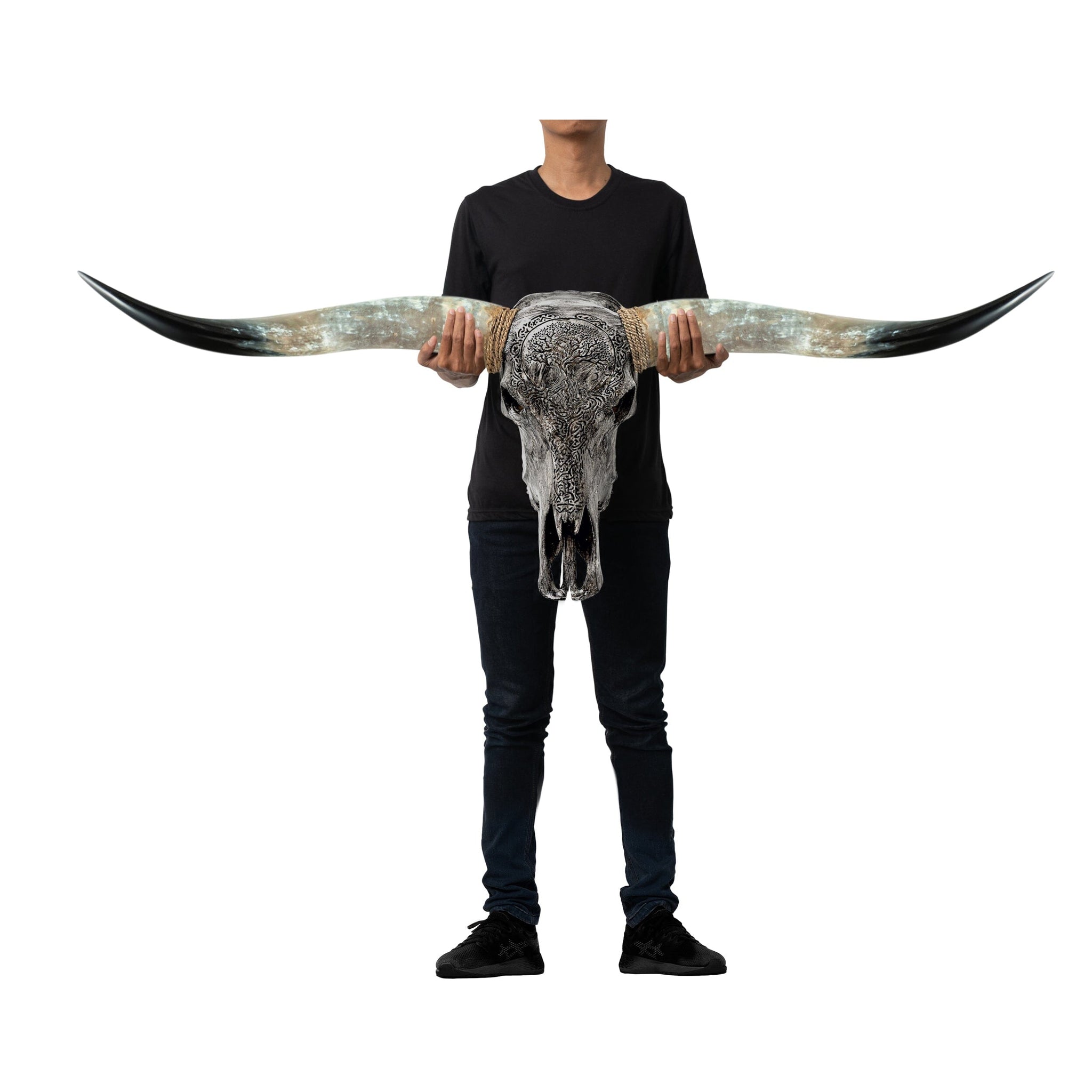 Hand Carved Longhorn Skull - Gray Yggdrasil
