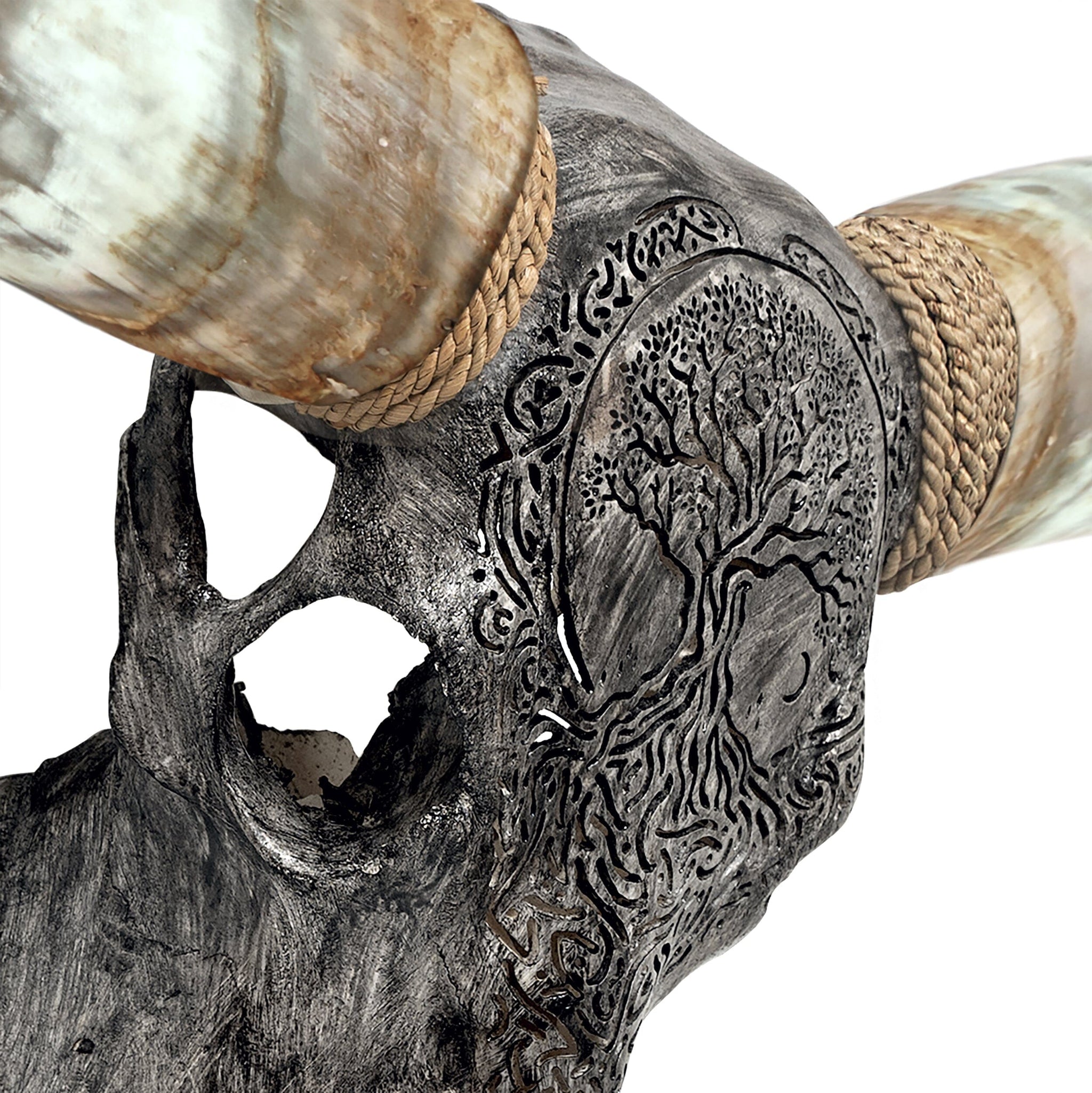 Hand Carved Longhorn Skull - Gray Yggdrasil