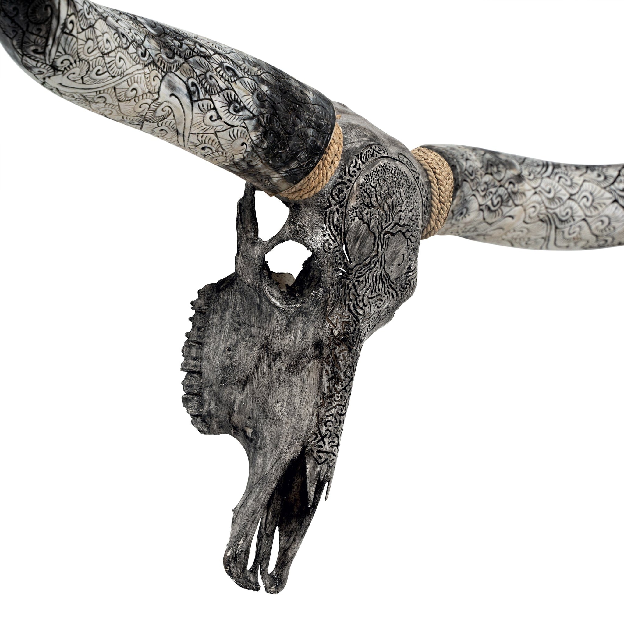 Hand Carved Longhorn Skull - Gray Yggdrasil