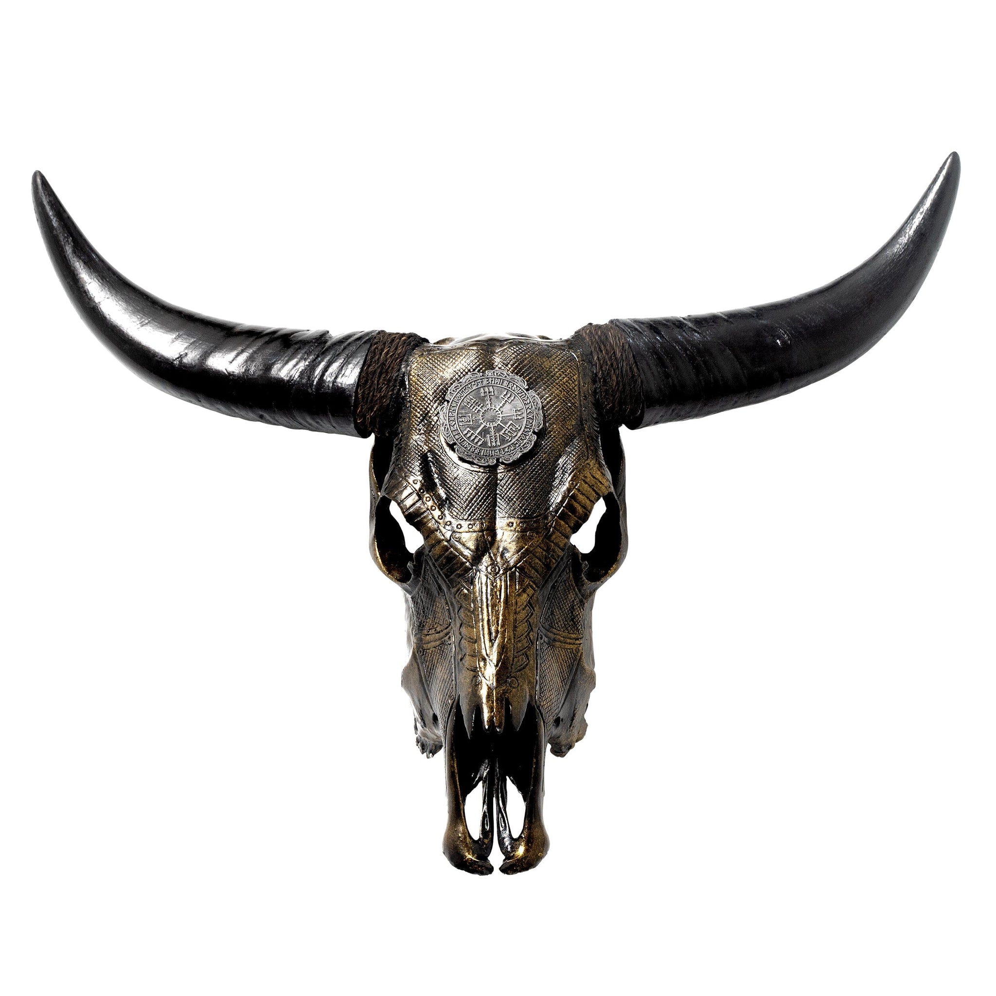 Hand Carved Cow Skull - Antique Bronze Nordic Compass // Metallic Finish