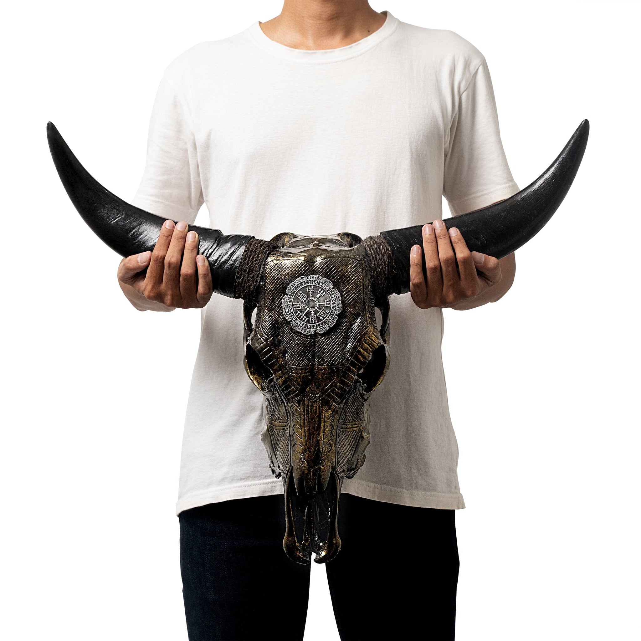 Hand Carved Cow Skull - Antique Bronze Nordic Compass // Metallic Finish