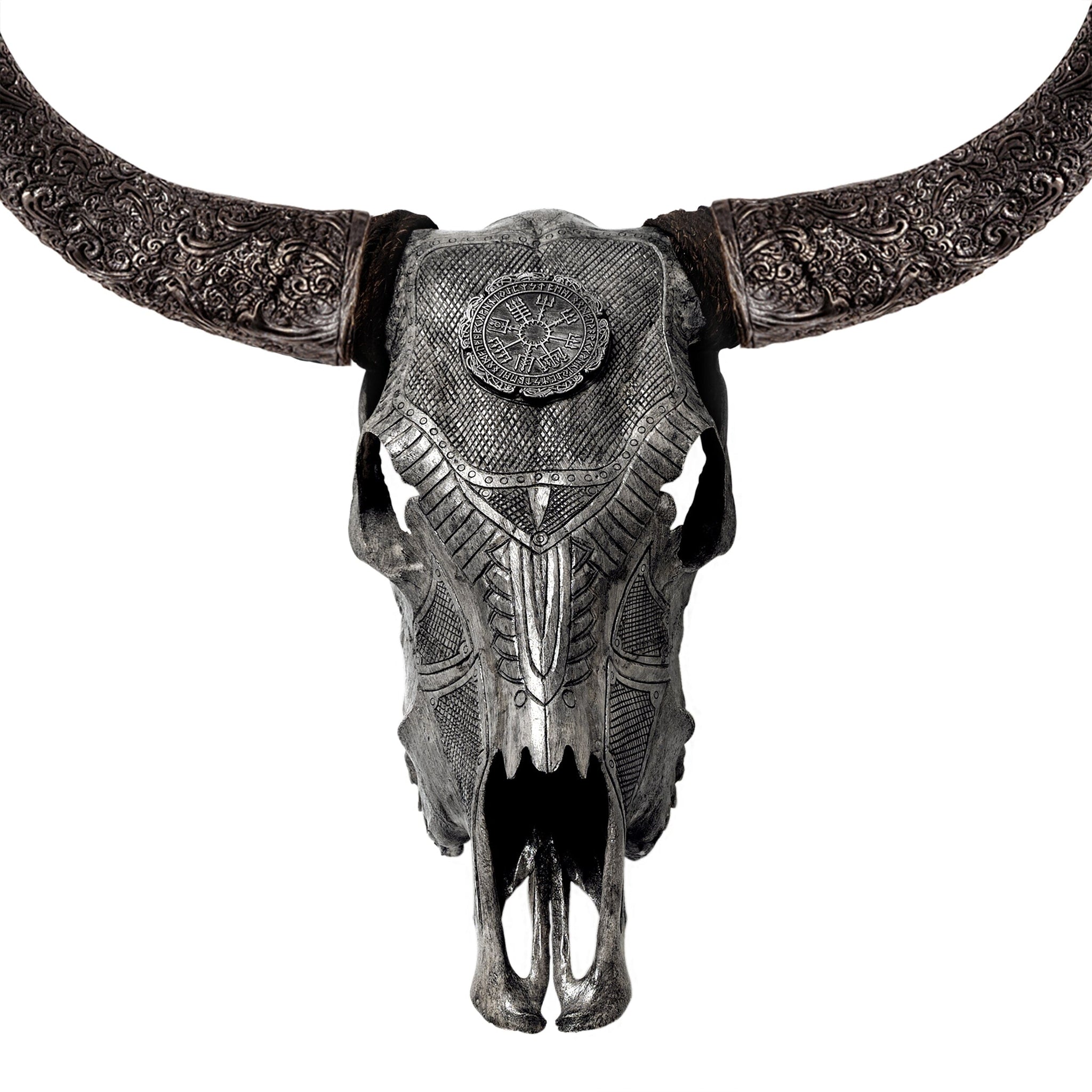 Hand Carved Cow Skull - Gray Nordic Compass