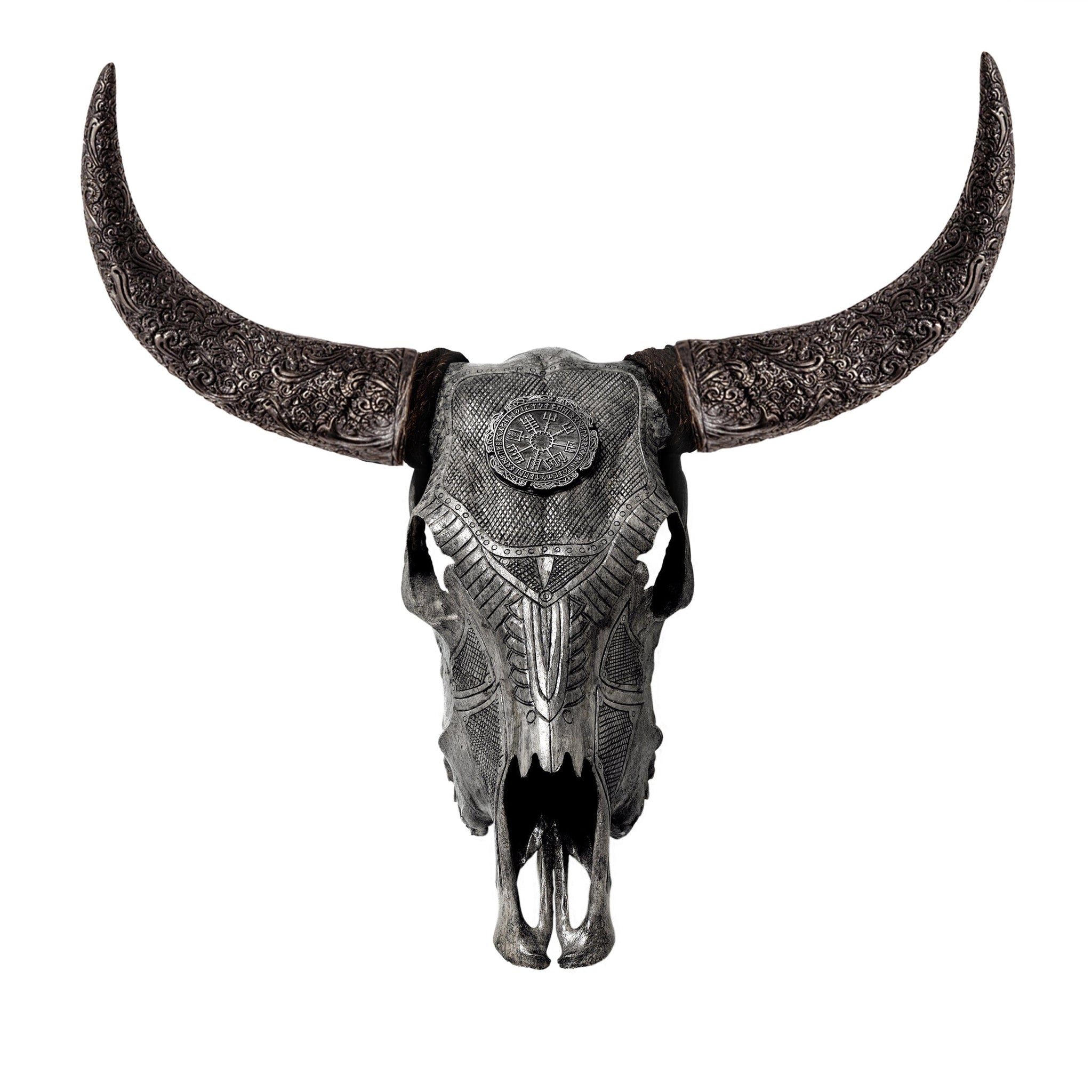 Hand Carved Cow Skull - Gray Nordic Compass