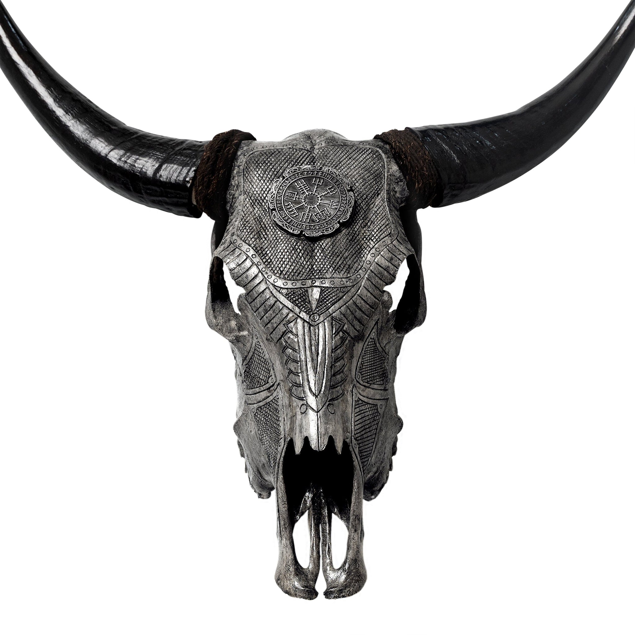 Hand Carved Cow Skull - Gray Nordic Compass