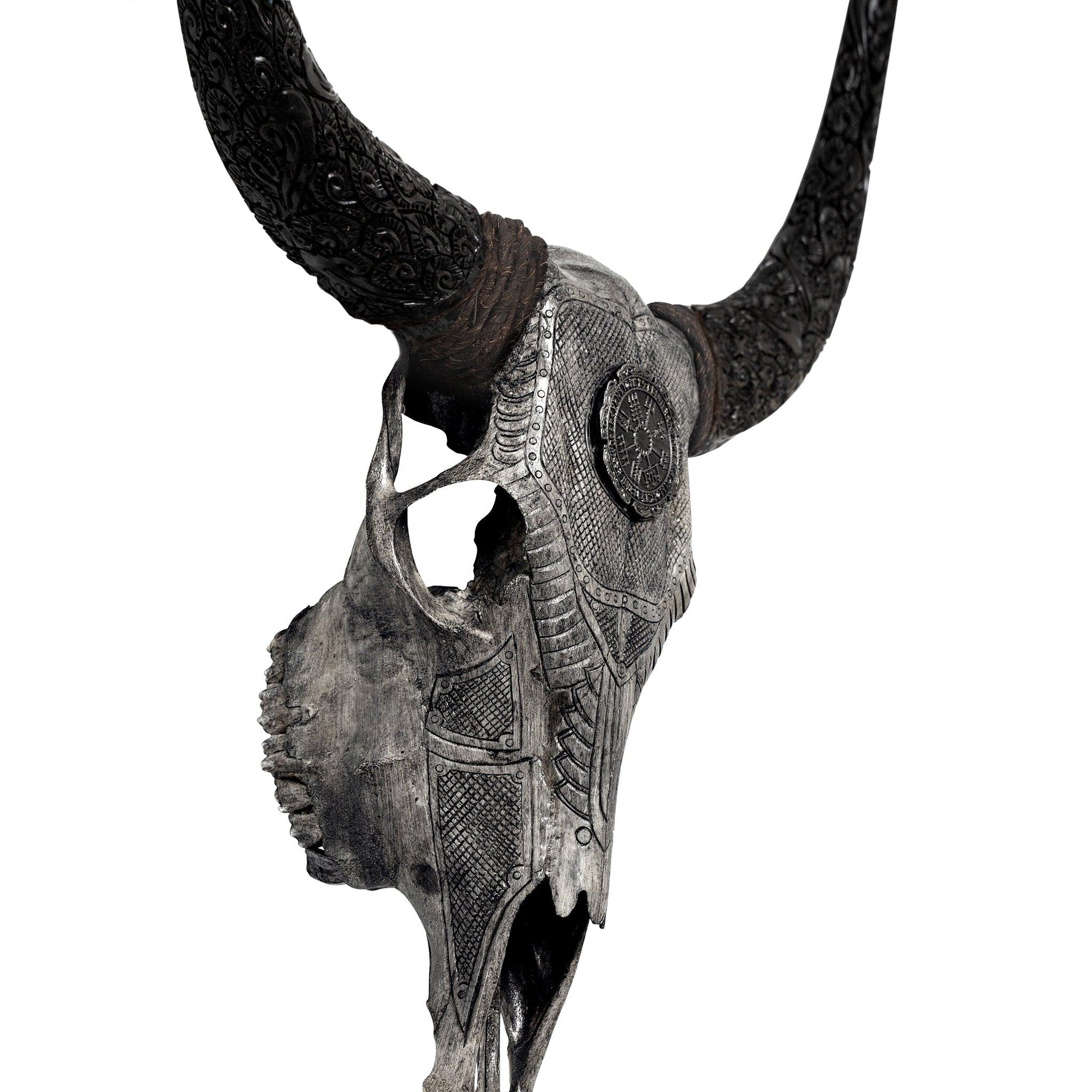 Hand Carved Cow Skull - Gray Nordic Compass