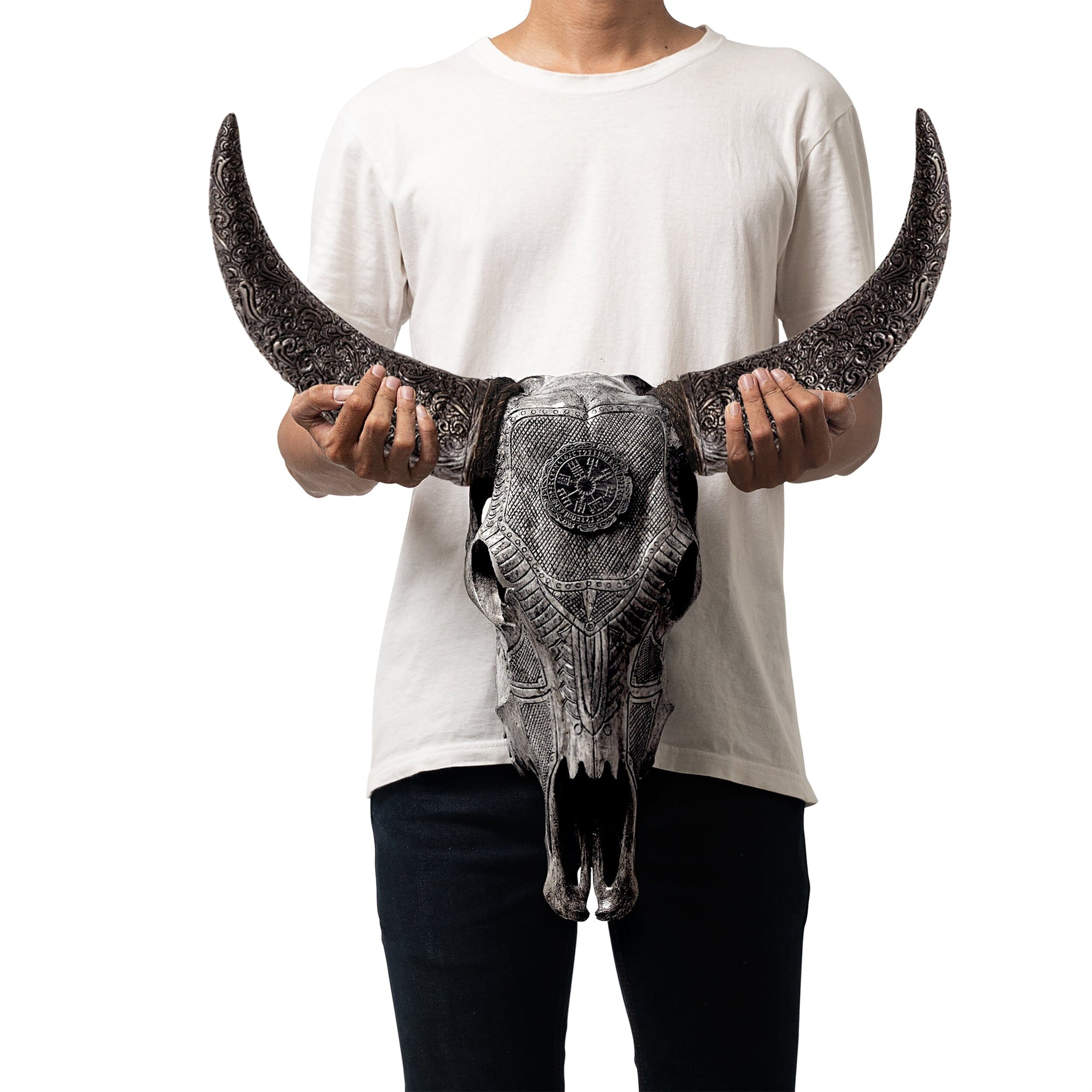 Hand Carved Cow Skull - Gray Nordic Compass