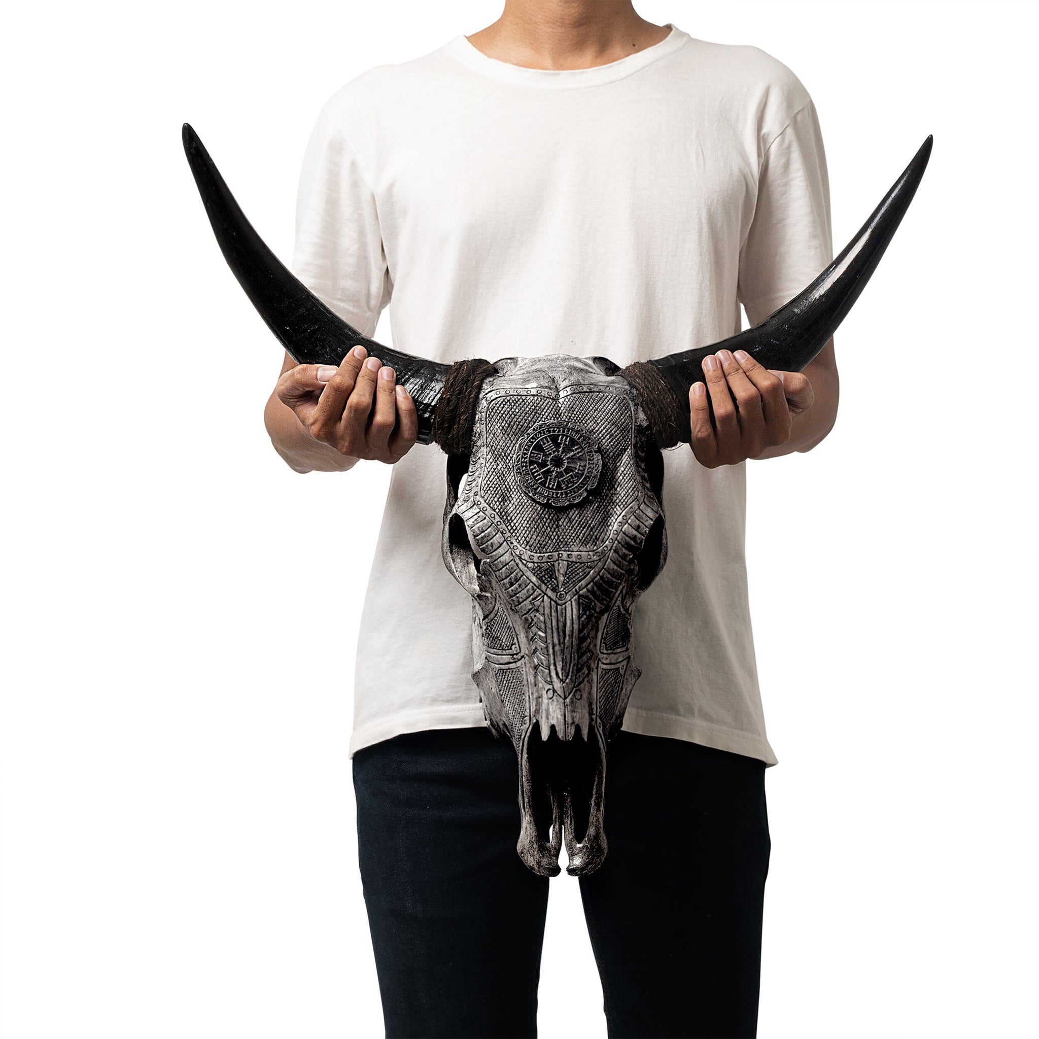 Hand Carved Cow Skull - Gray Nordic Compass