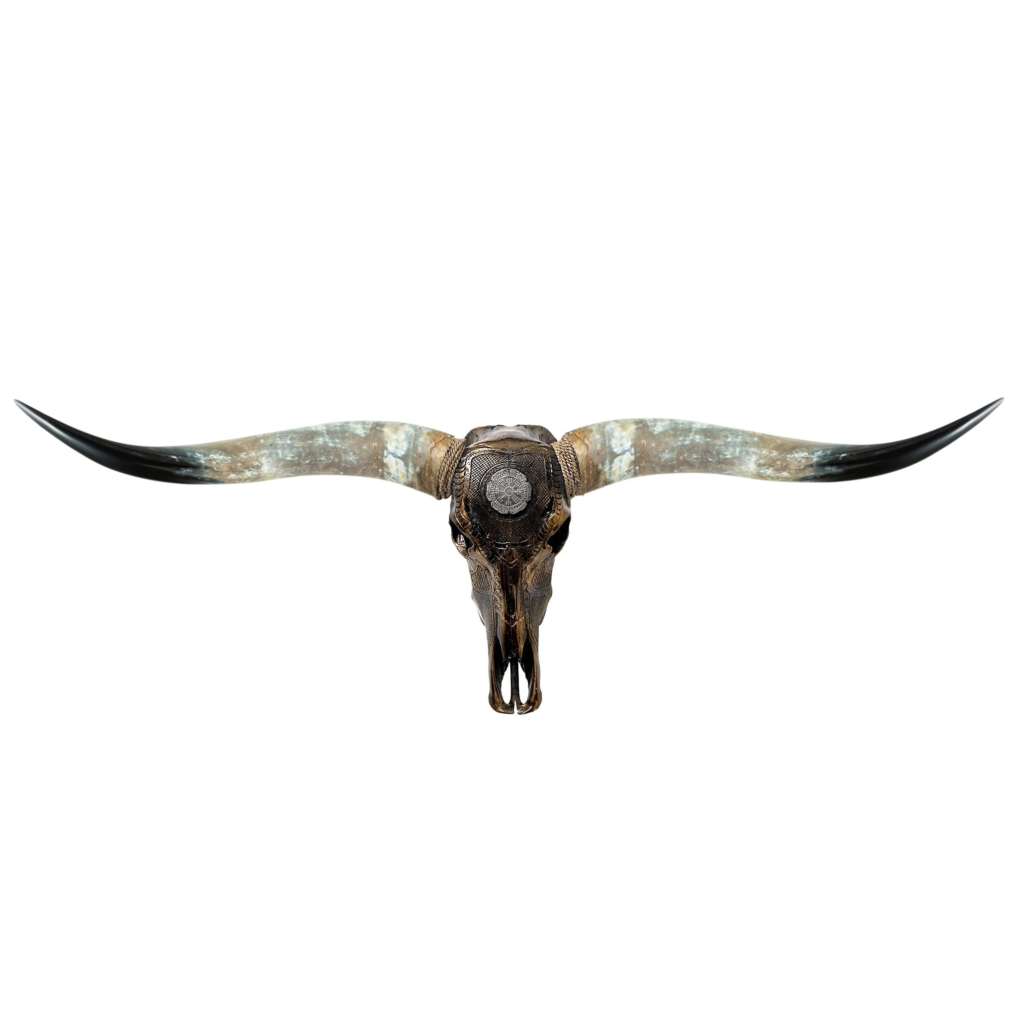 Hand Carved Longhorn Skull - Antique Bronze Nordic Compass // Metallic Finish