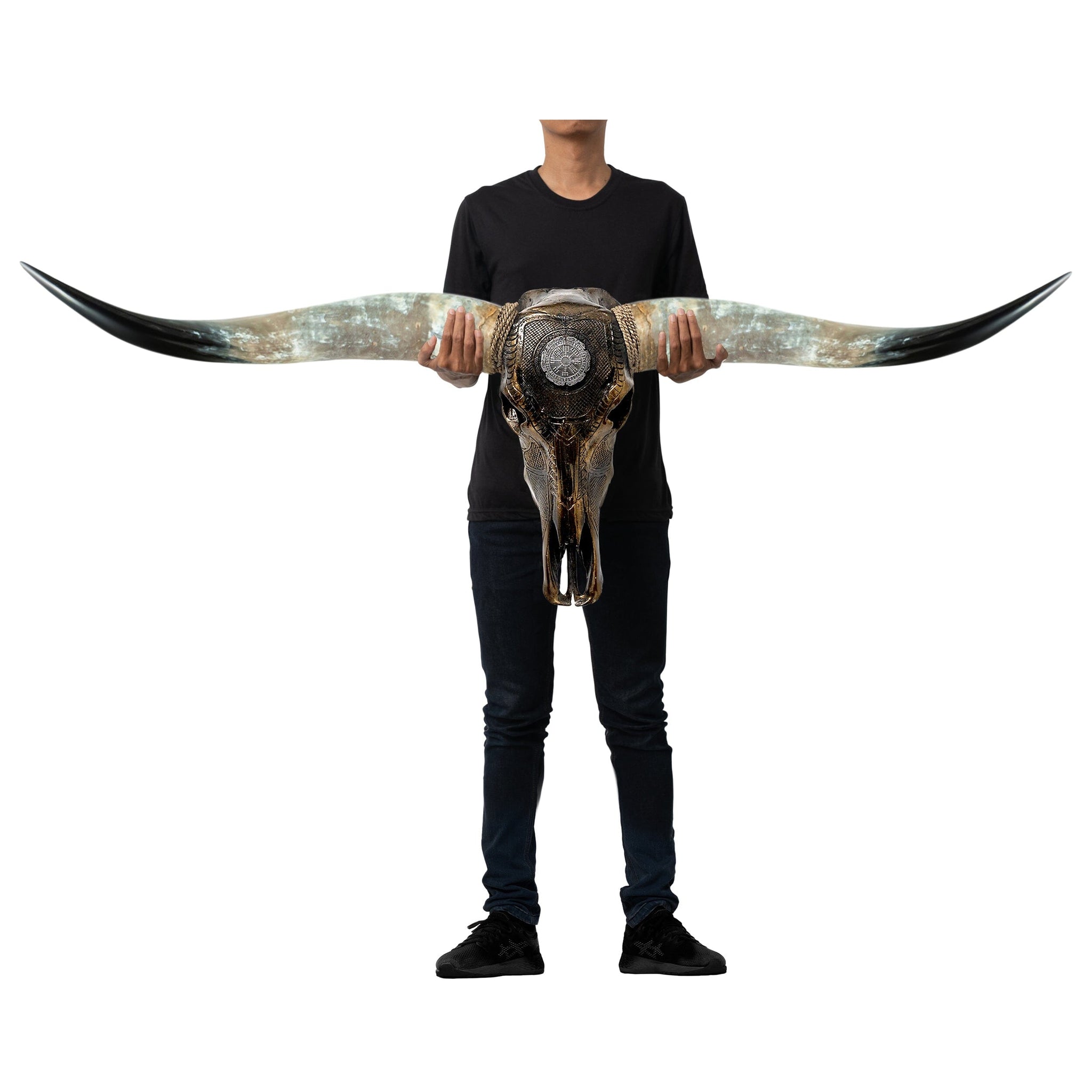 Hand Carved Longhorn Skull - Antique Bronze Nordic Compass // Metallic Finish
