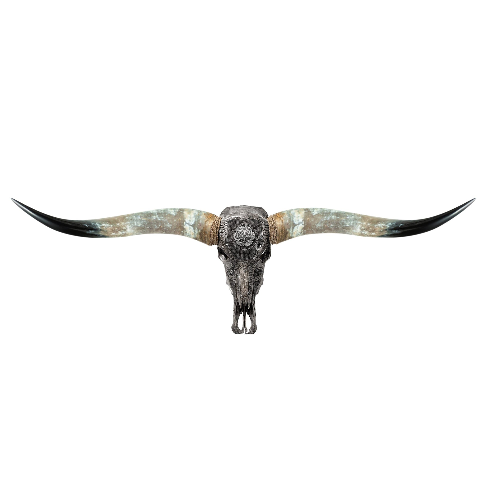 Hand Carved Longhorn Skull - Gray Nordic Compass