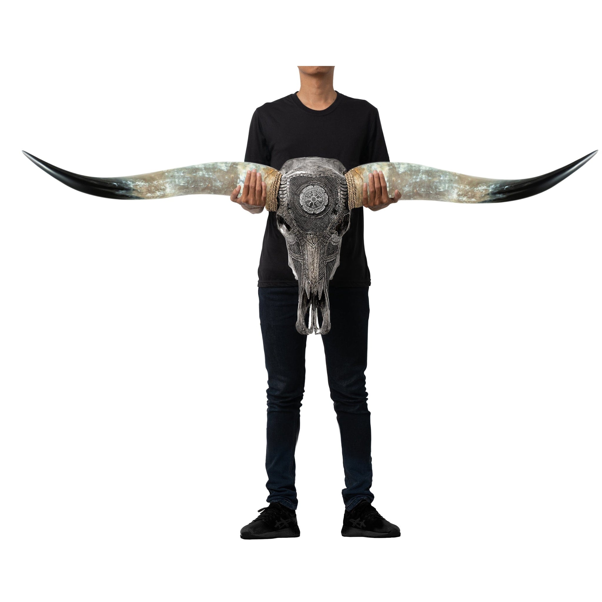 Hand Carved Longhorn Skull - Gray Nordic Compass