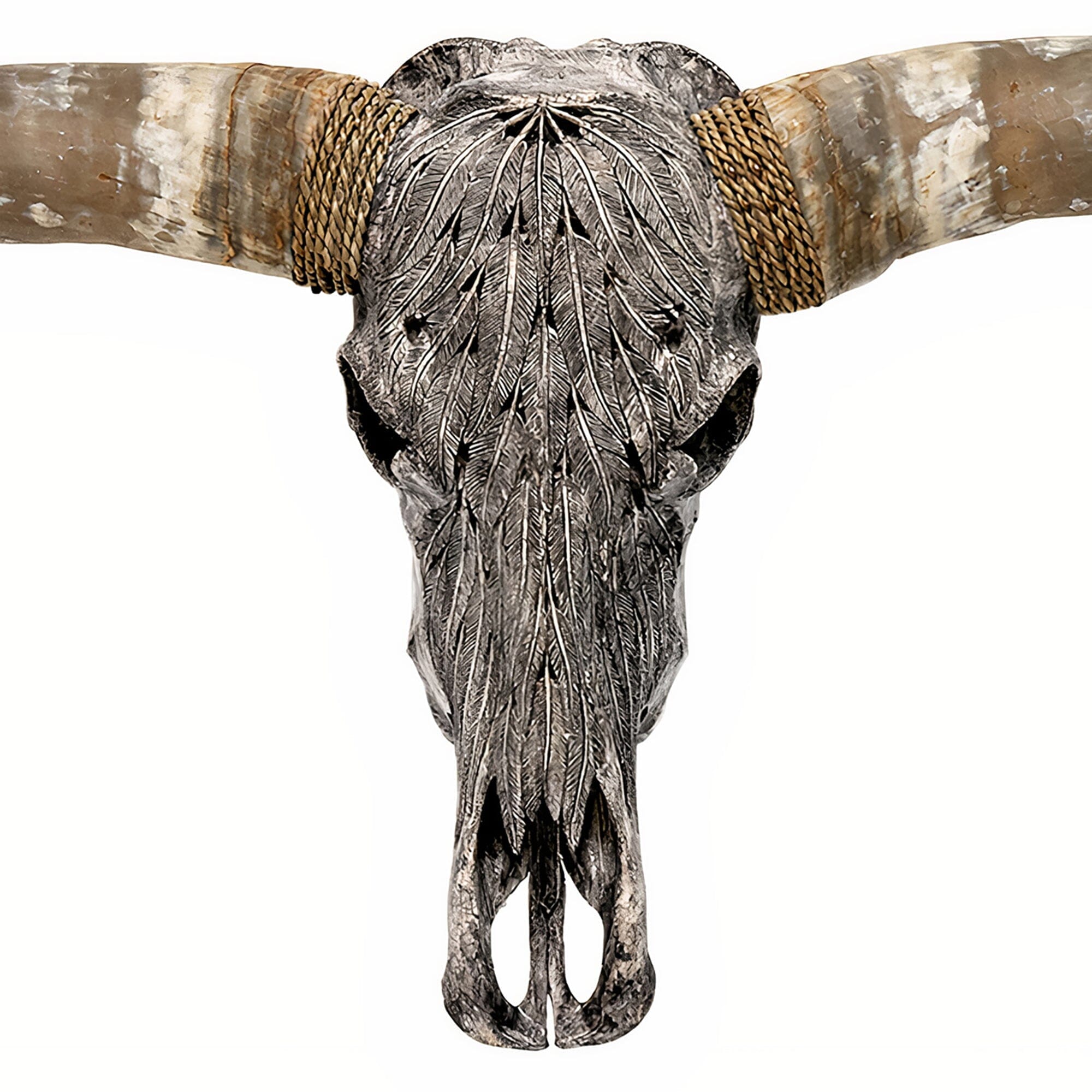 Hand Carved Longhorn Skull - Gray Feathers