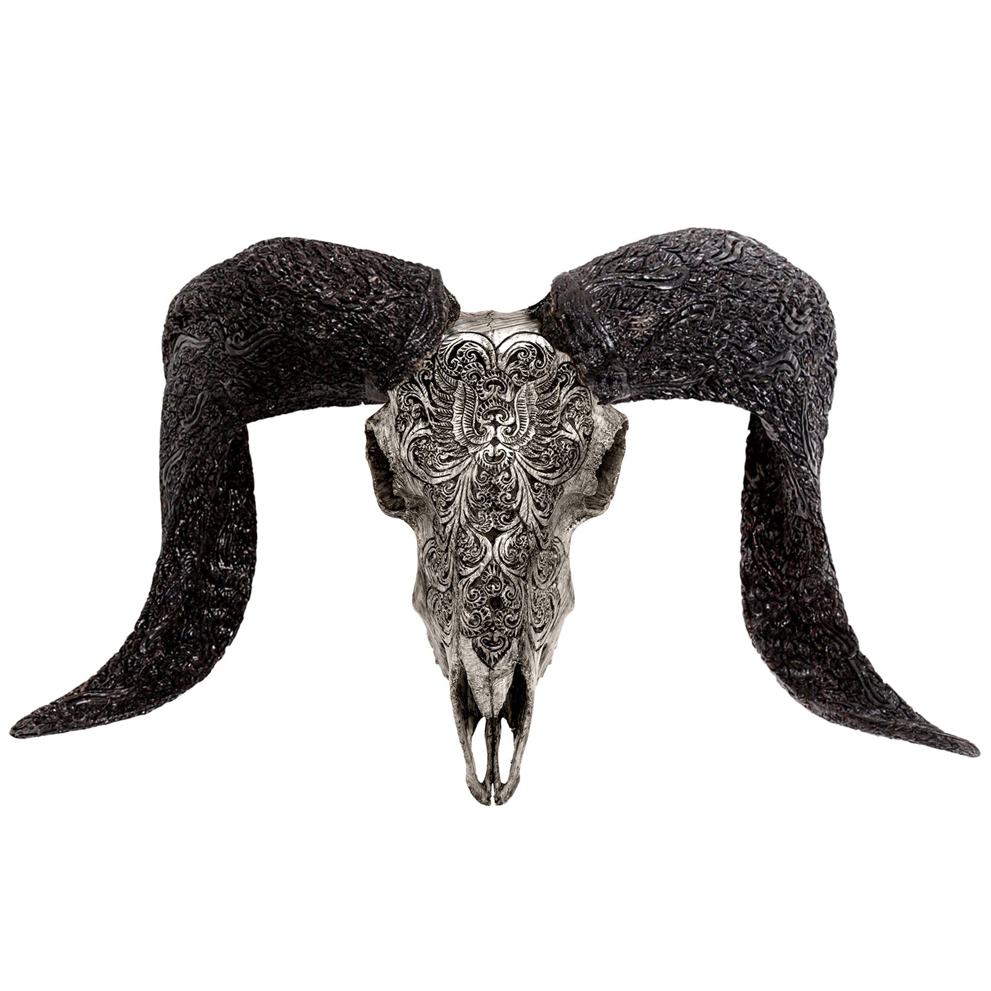 Hand Carved Ram Skull - Gray Phoenix