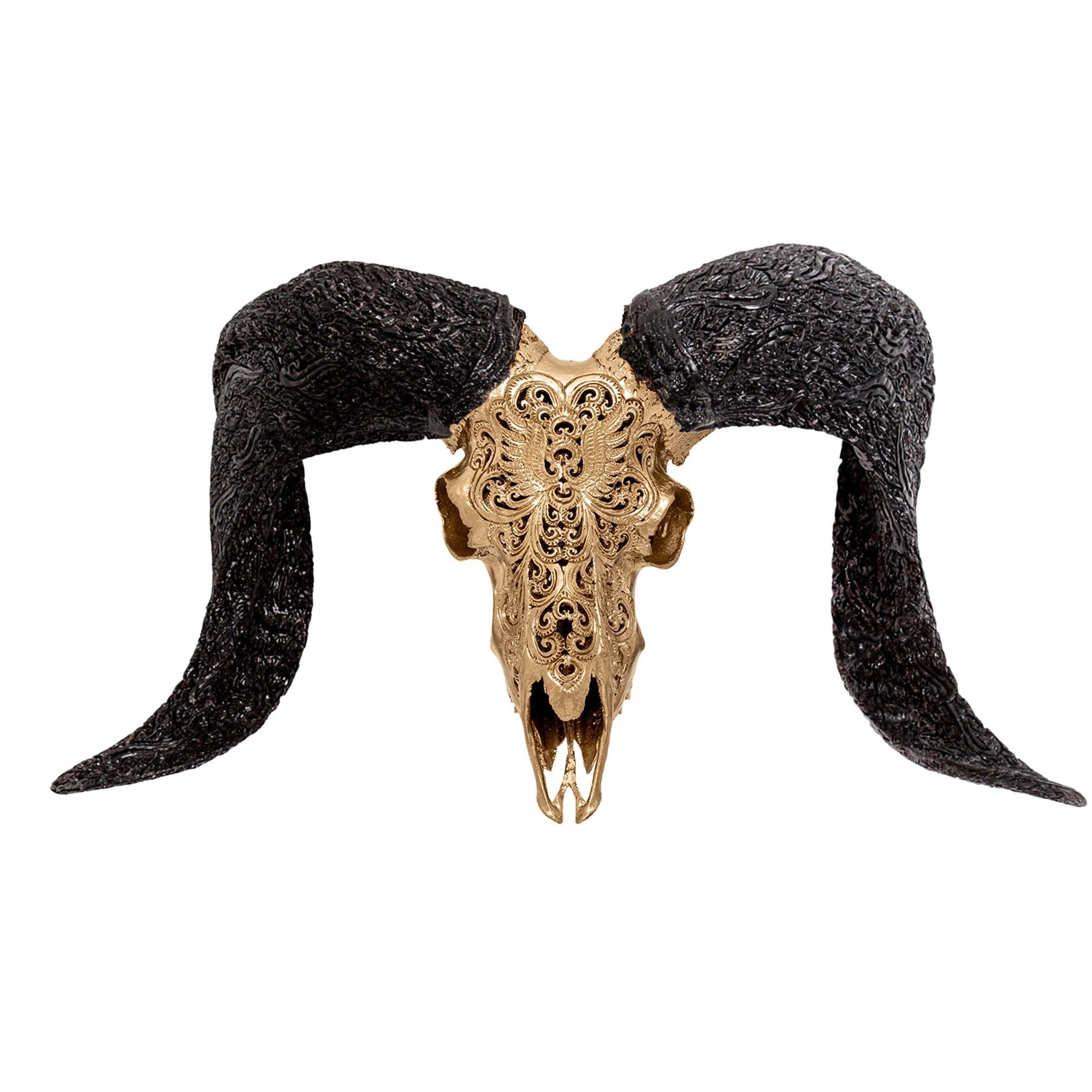 Hand Carved Ram Skull - Golden Phoenix