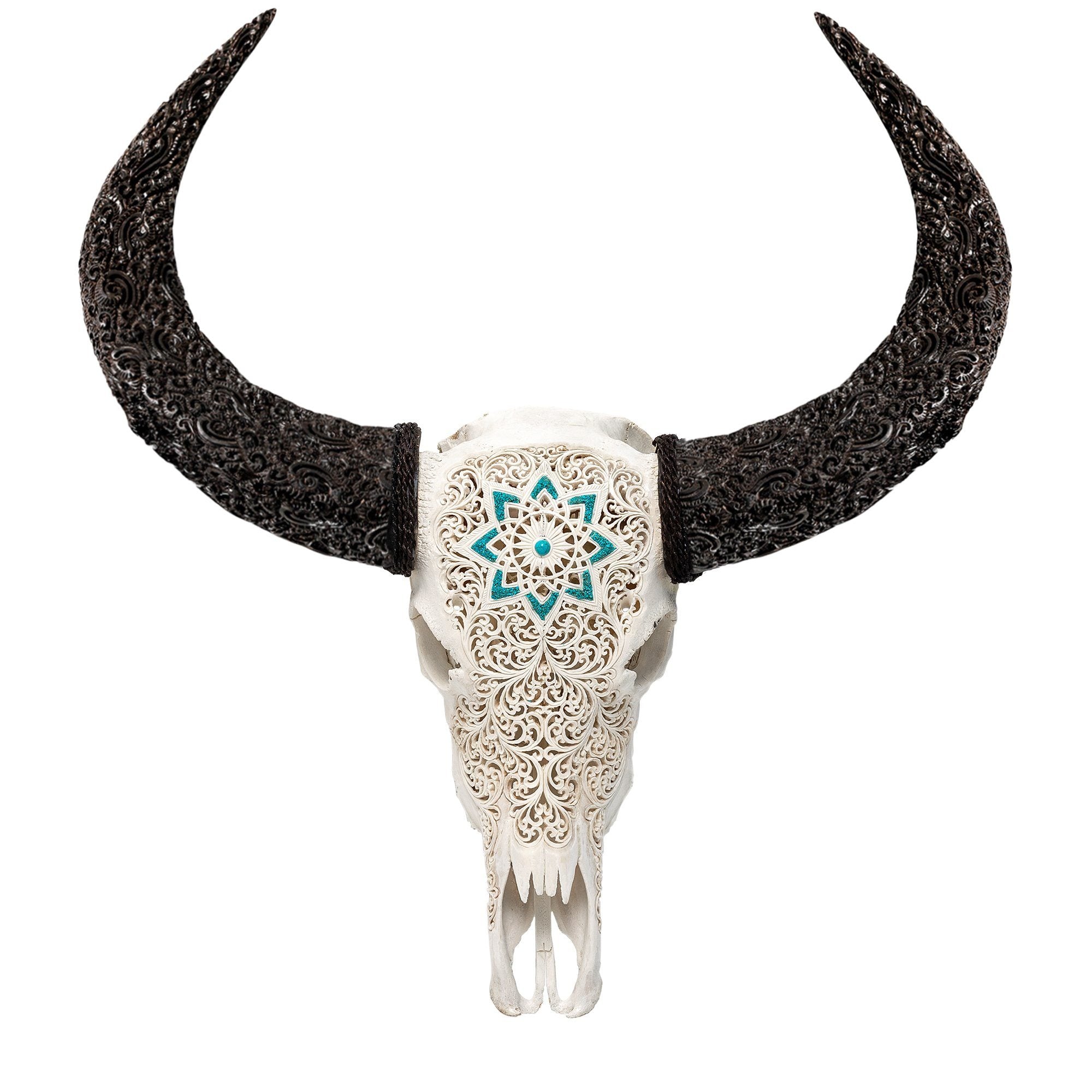 Hand Carved Buffalo Skull - White Glowing Mandala