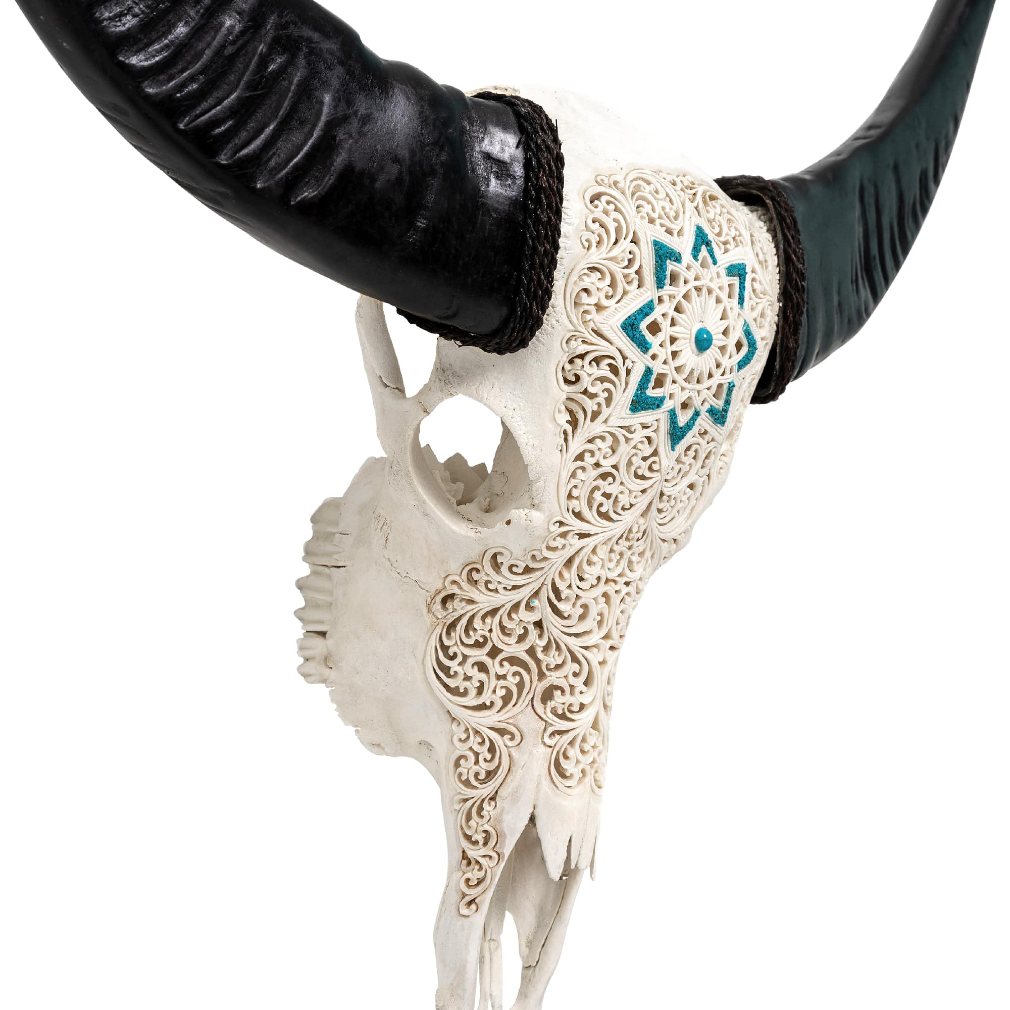Hand Carved Buffalo Skull - White Glowing Mandala