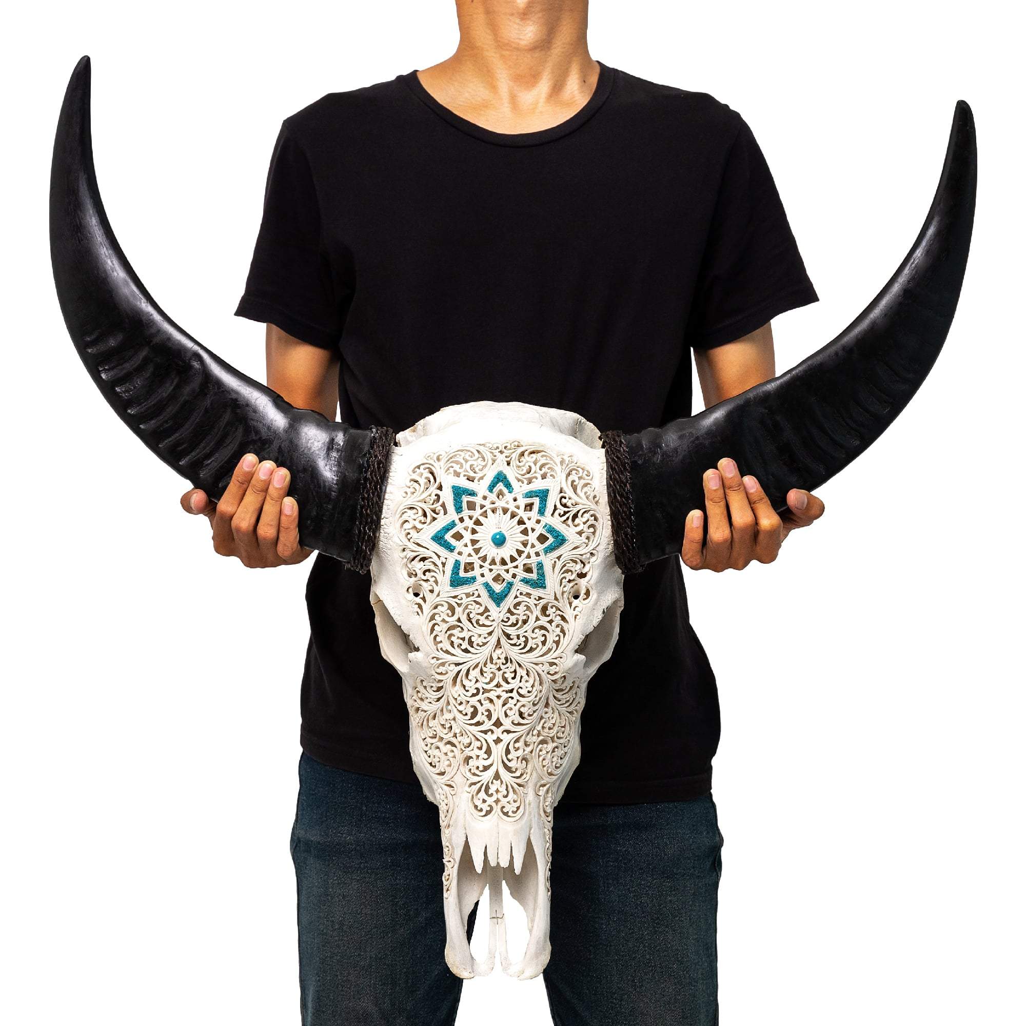 Hand Carved Buffalo Skull - White Glowing Mandala