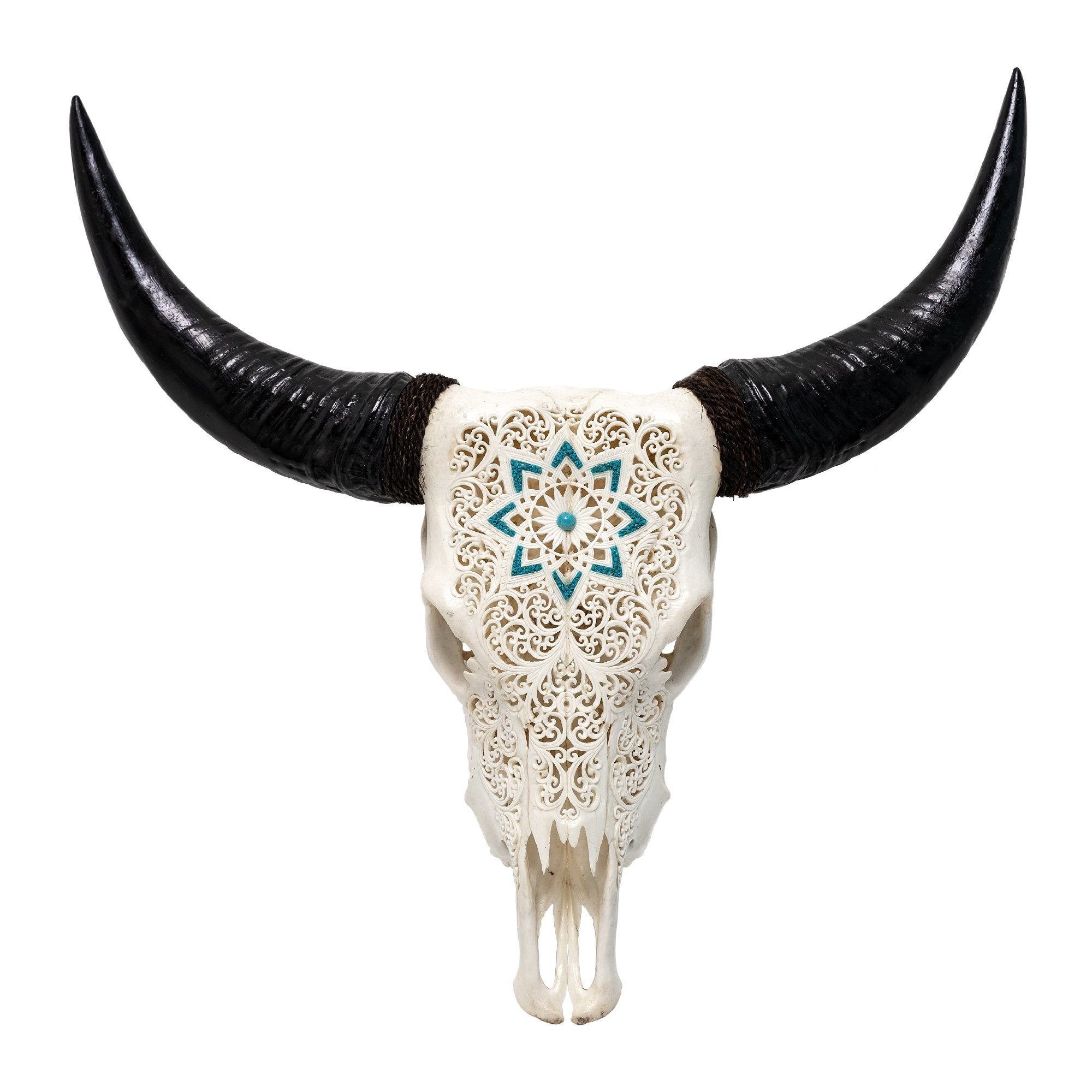 Hand Carved Cow Skull - White Glowing Mandala