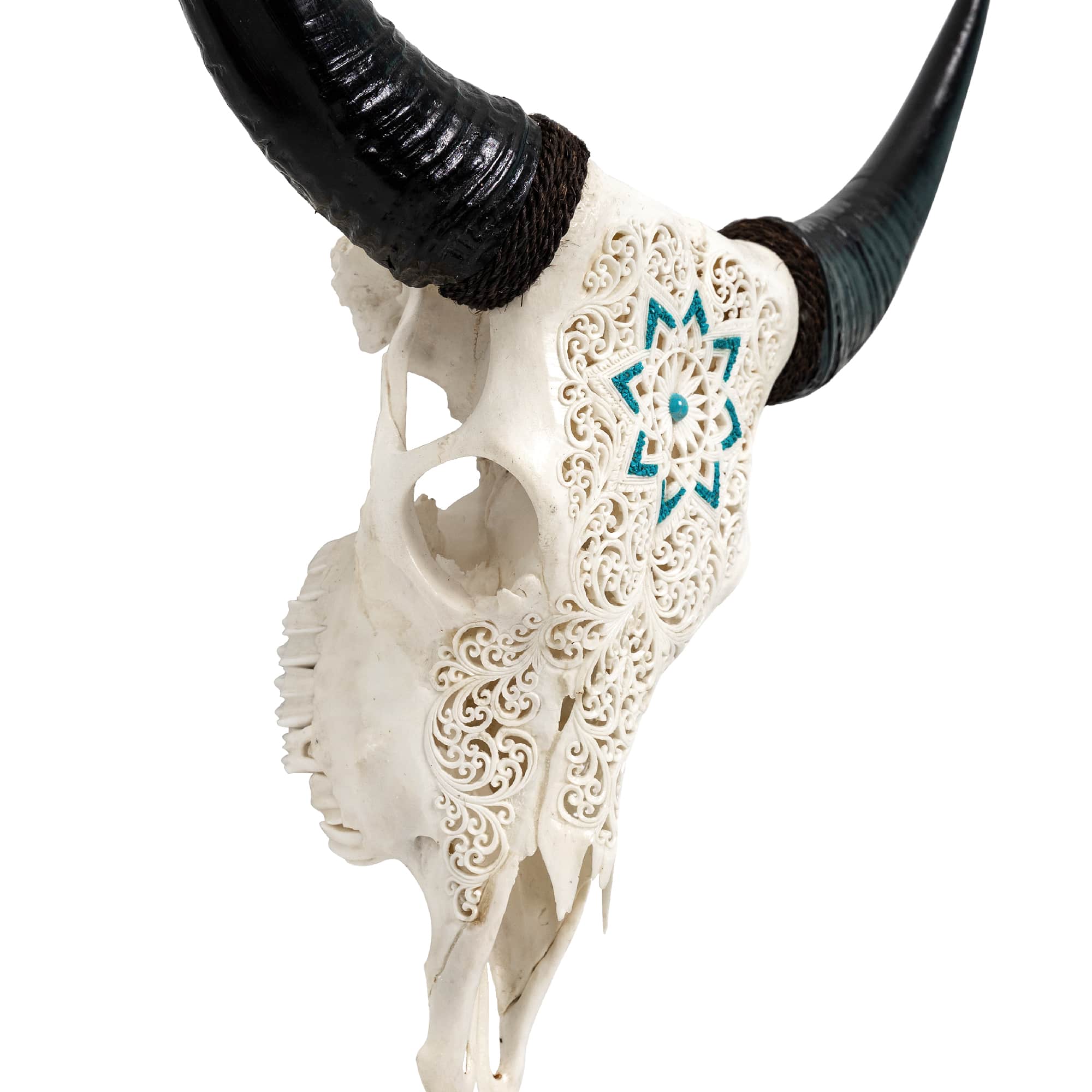 Hand Carved Cow Skull - White Glowing Mandala