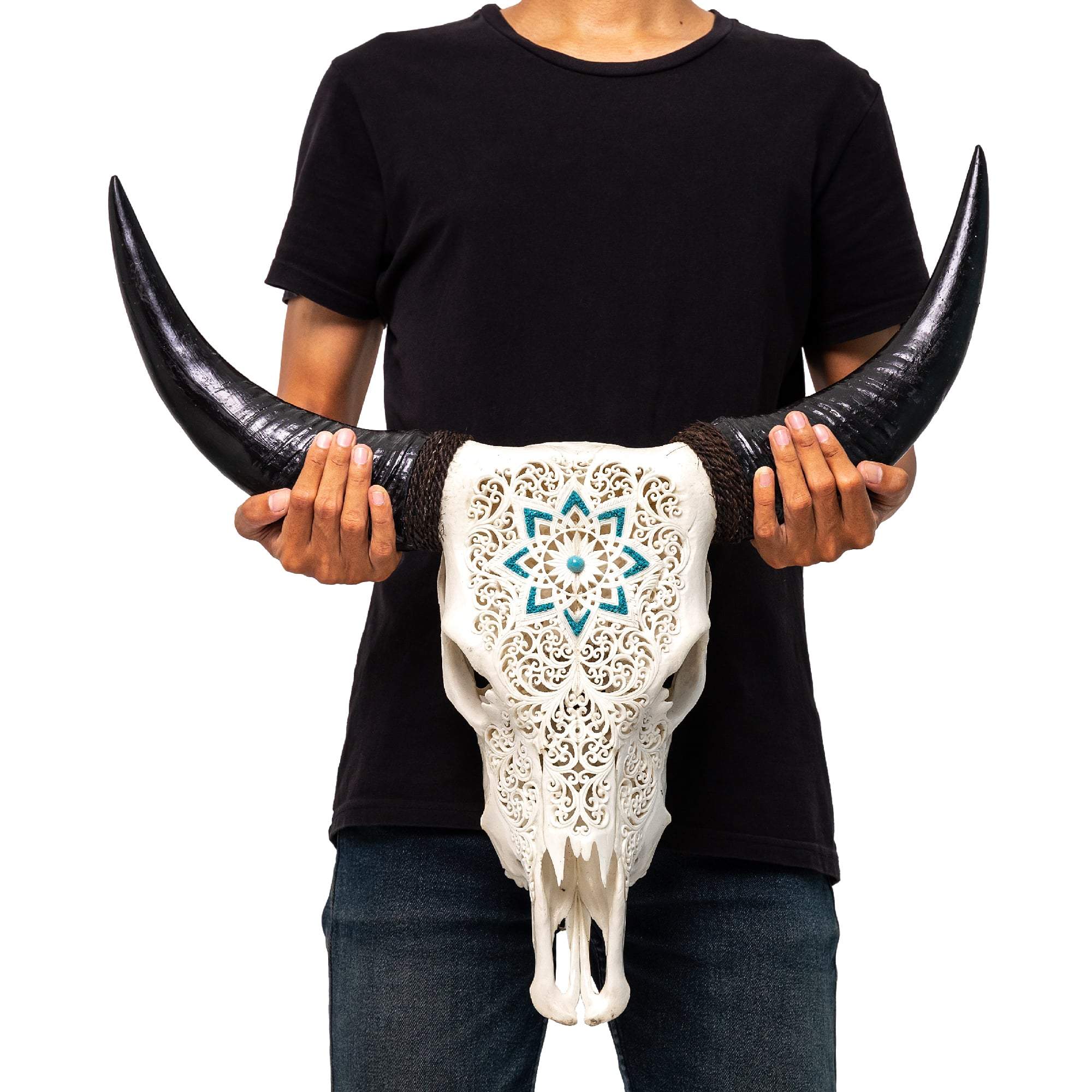 Hand Carved Cow Skull - White Glowing Mandala