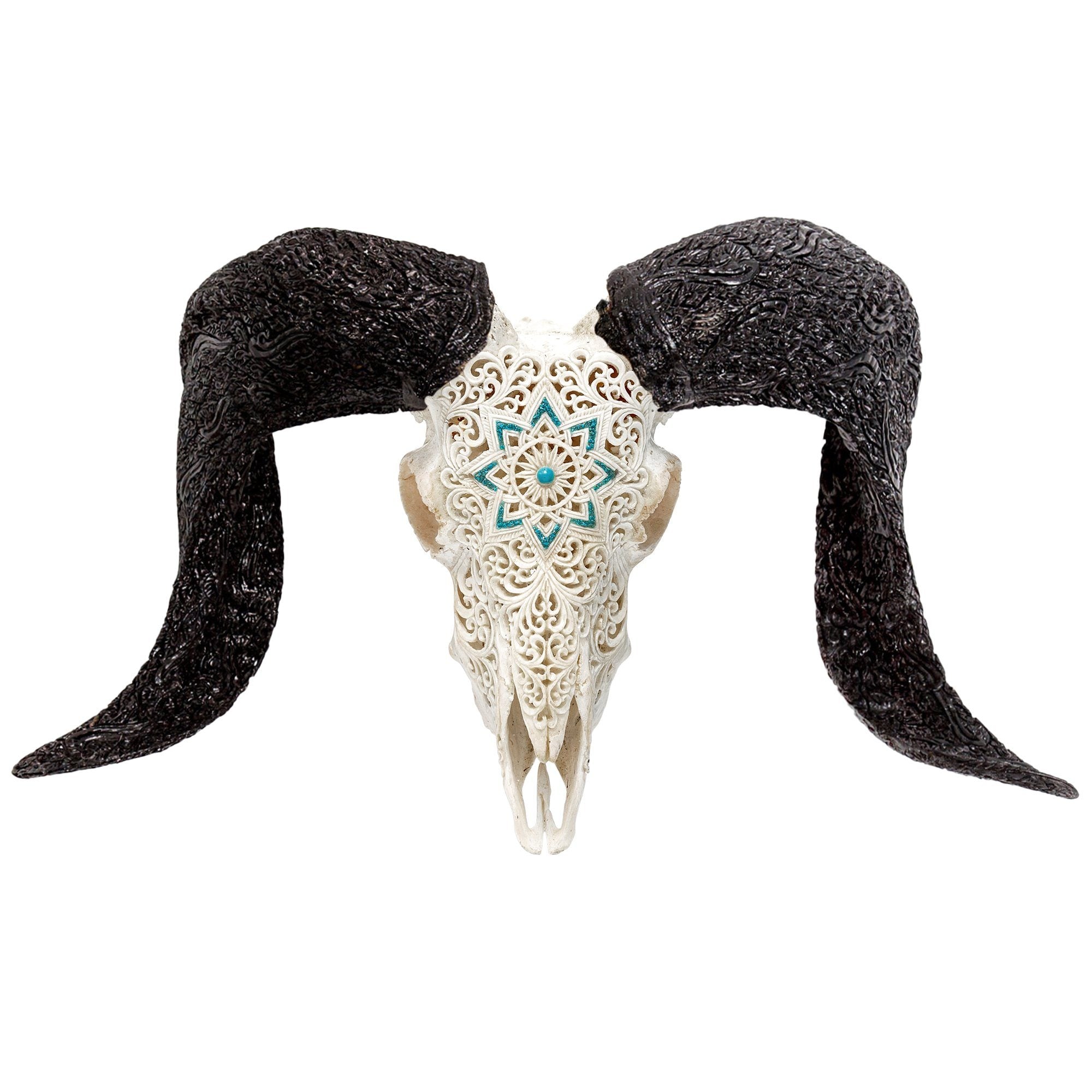 Hand Carved Ram Skull - White Glowing Mandala
