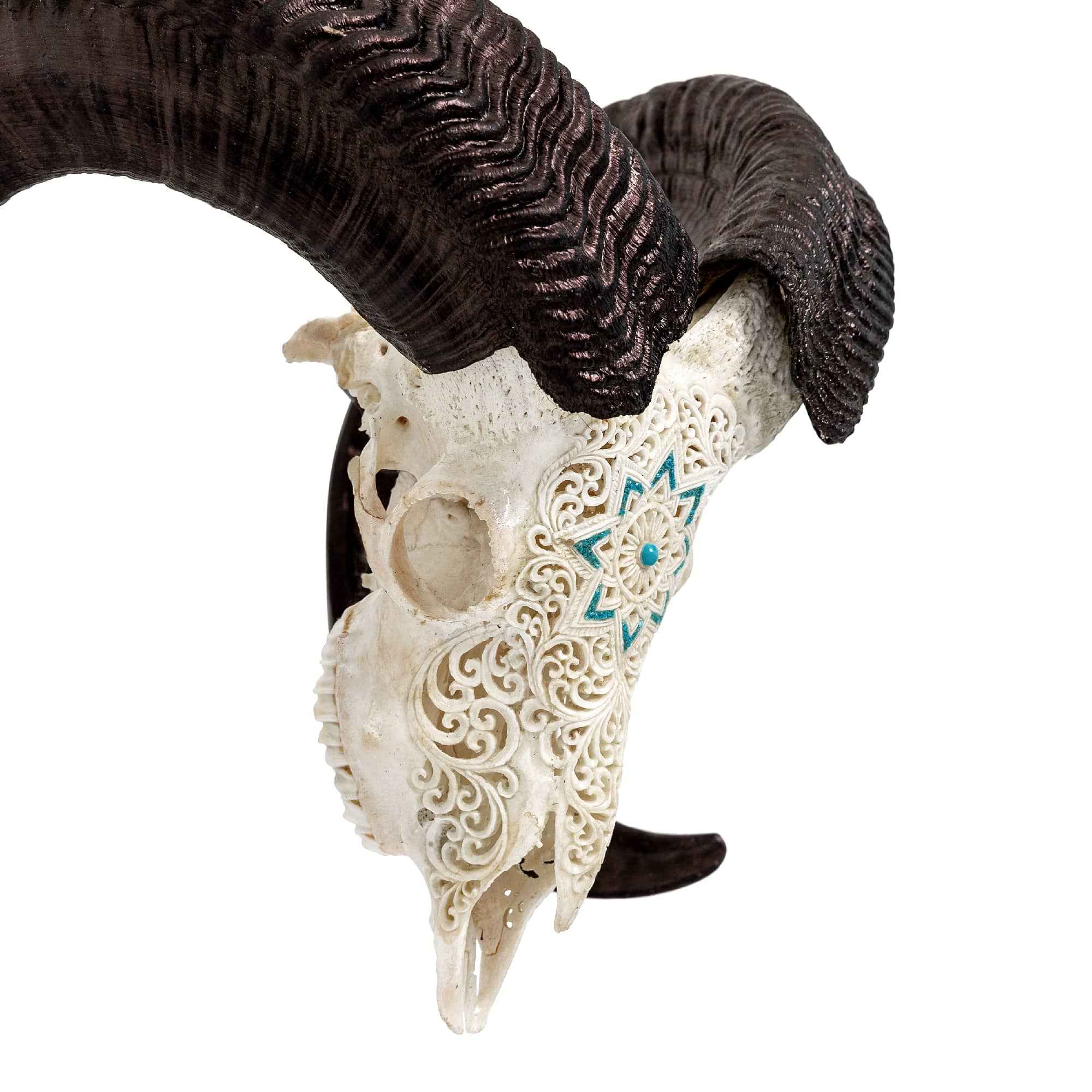 Hand Carved Ram Skull - White Glowing Mandala