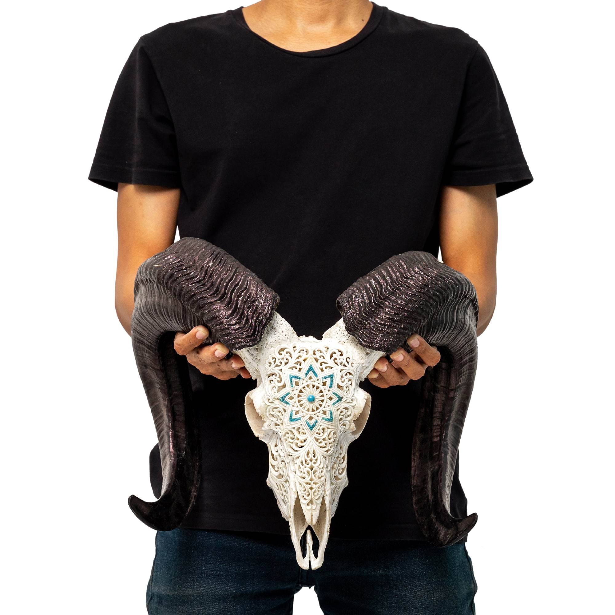 Hand Carved Ram Skull - White Glowing Mandala