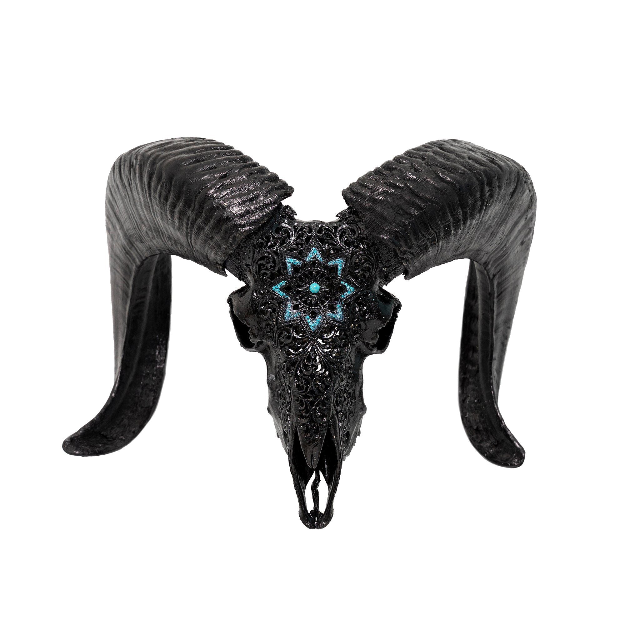 Hand Carved Ram Skull - Black Glowing Mandala