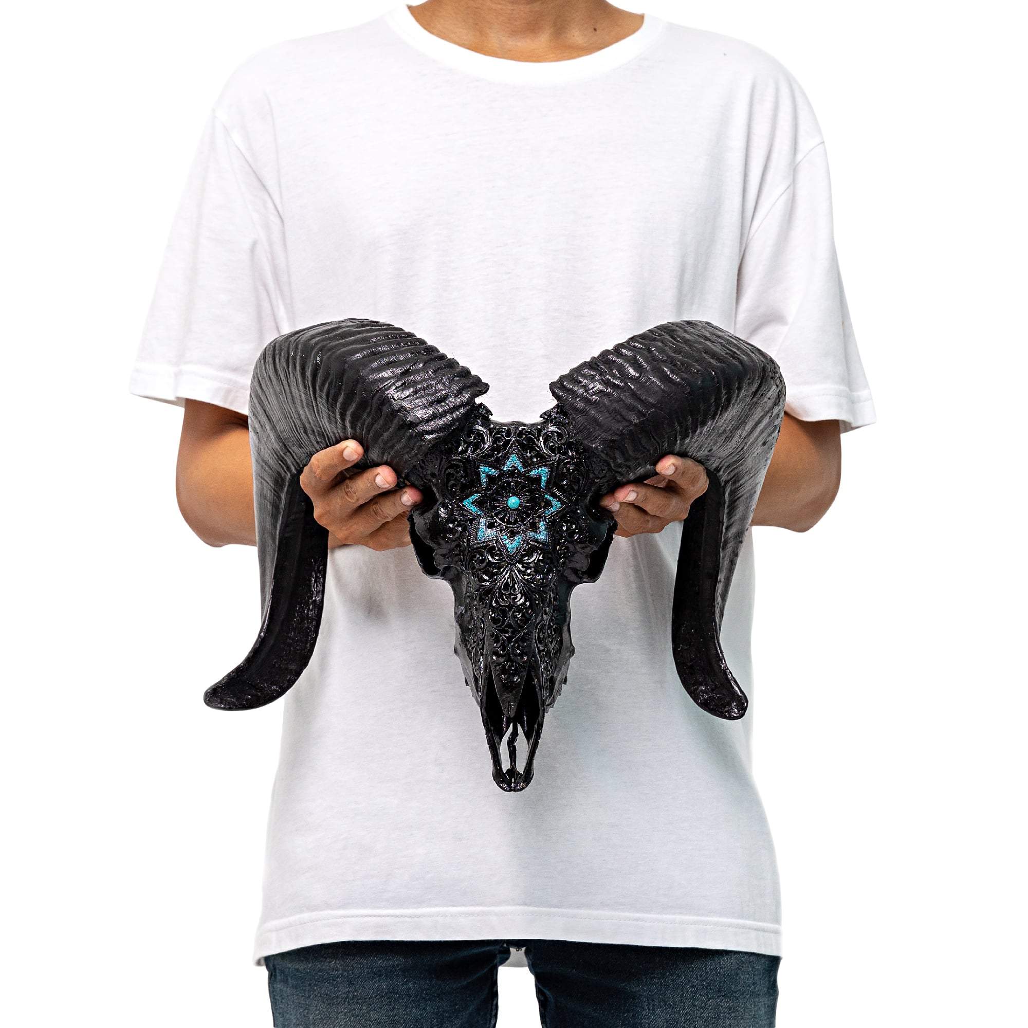 Hand Carved Ram Skull - Black Glowing Mandala
