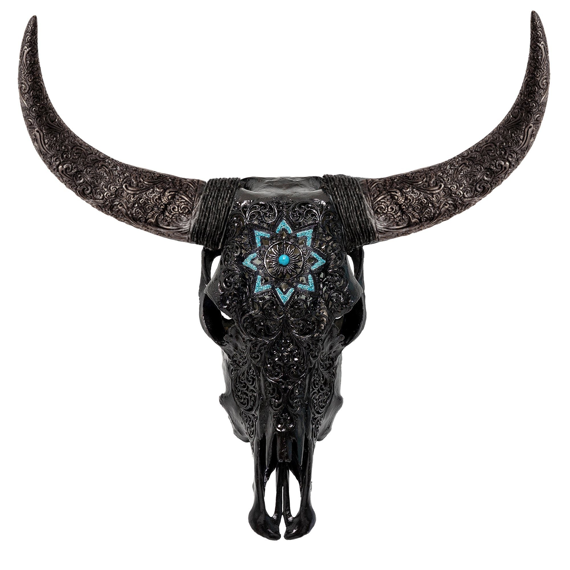 Hand Carved Cow Skull - Black Glowing Mandala