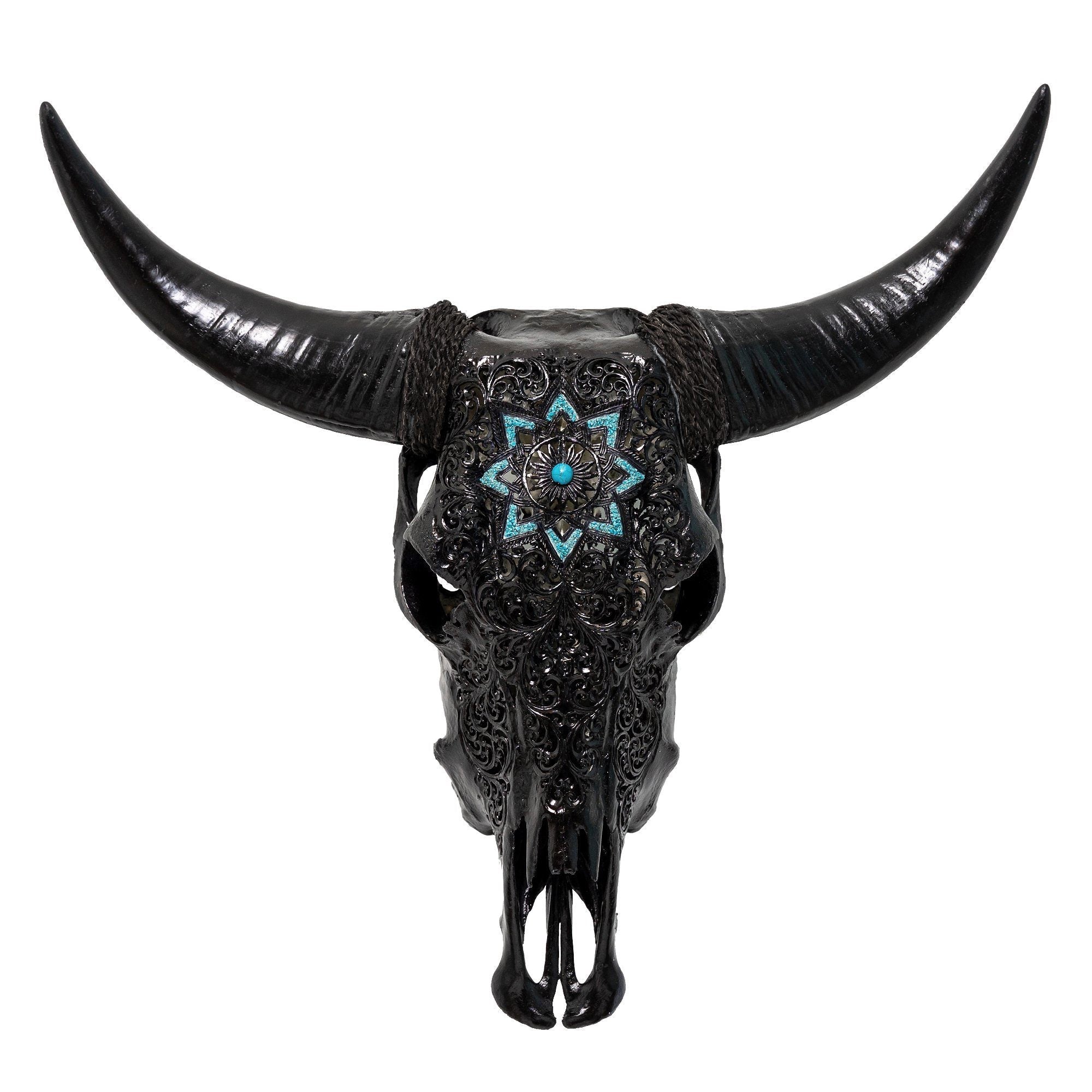Hand Carved Cow Skull - Black Glowing Mandala