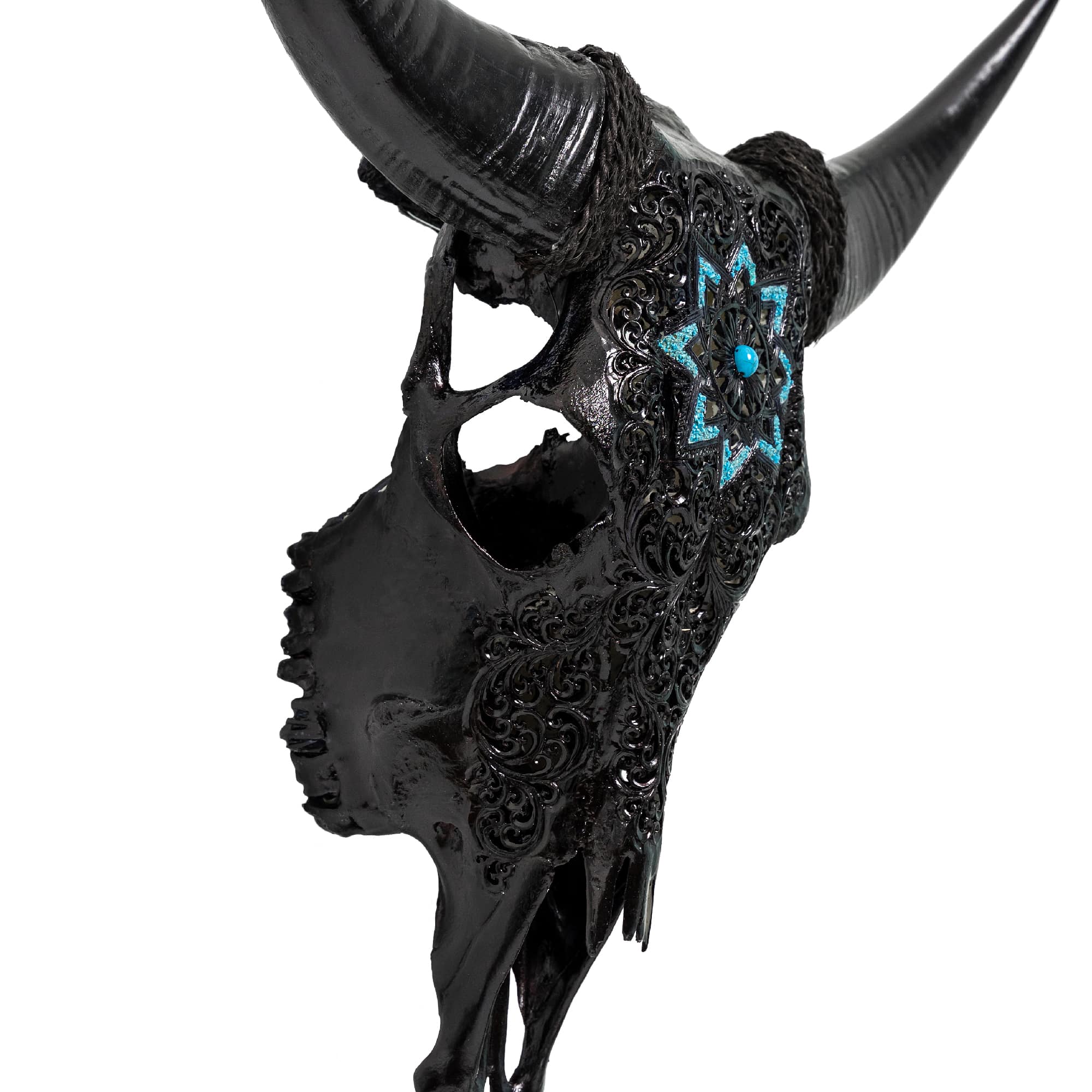 Hand Carved Cow Skull - Black Glowing Mandala