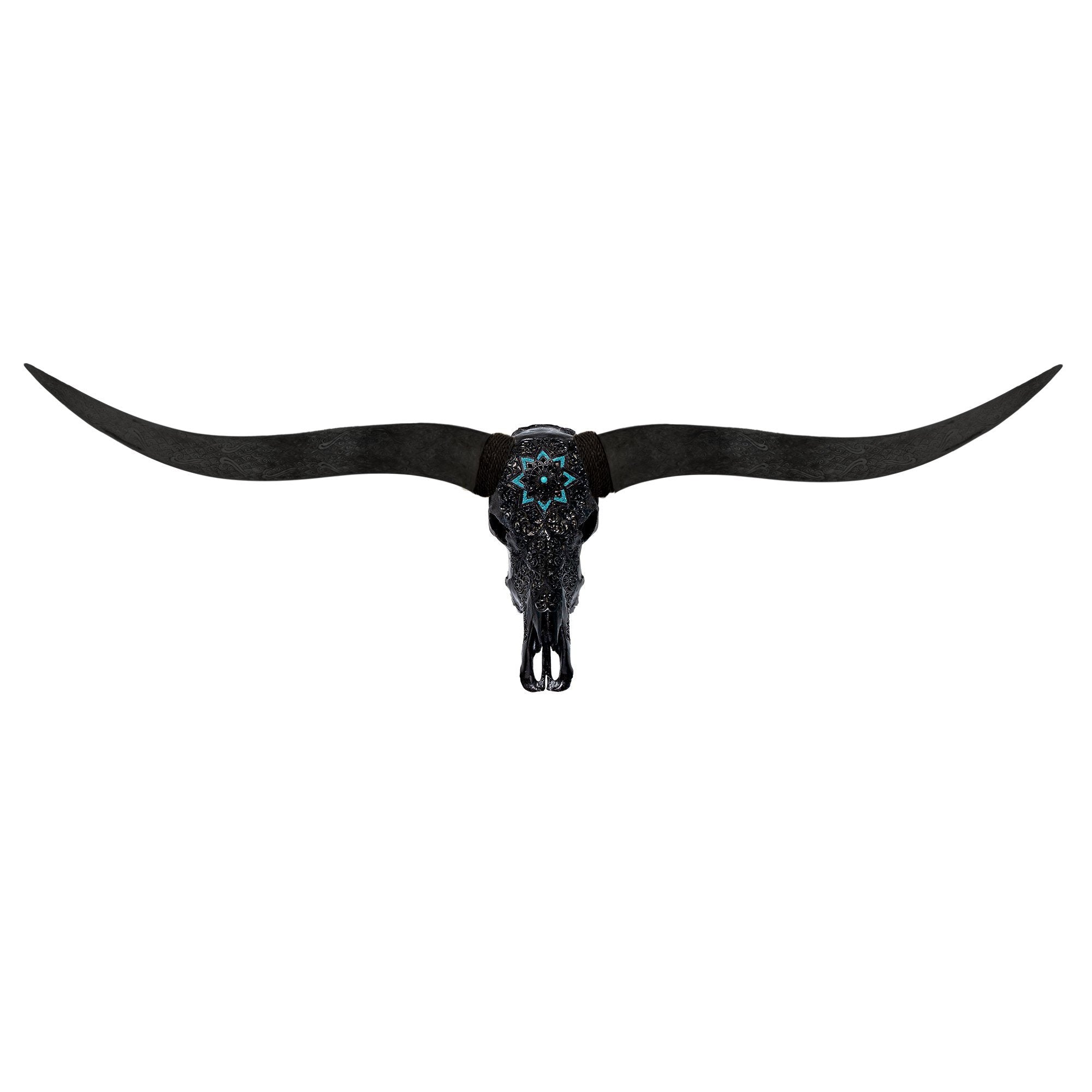 Hand Carved Longhorn Skull // Black XL Horns - Black Glowing Mandala