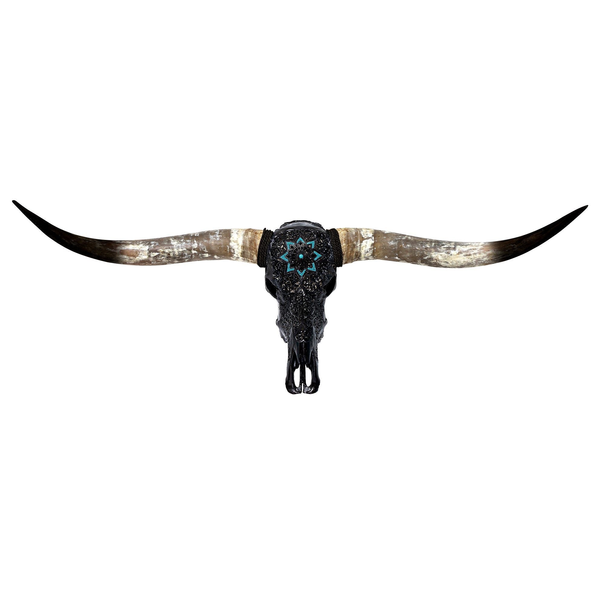 Hand Carved Longhorn Skull - Black Glowing Mandala