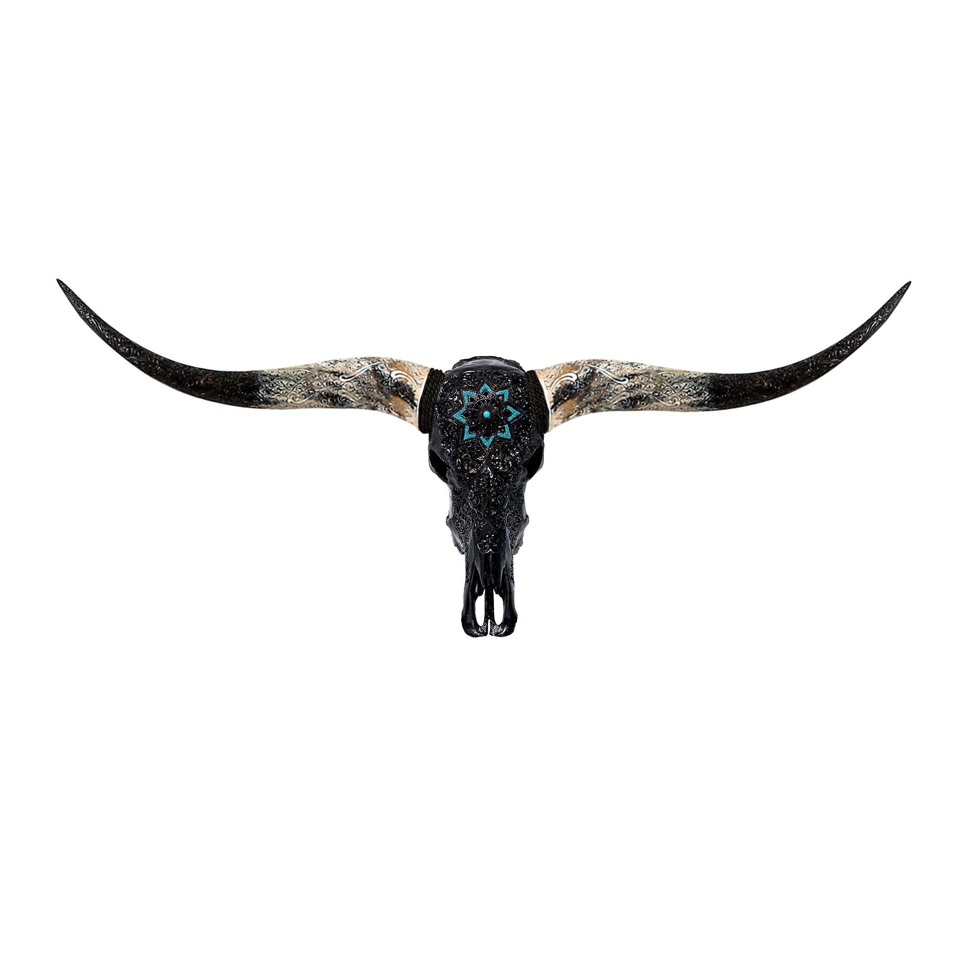 Hand Carved Longhorn Skull - Black Glowing Mandala