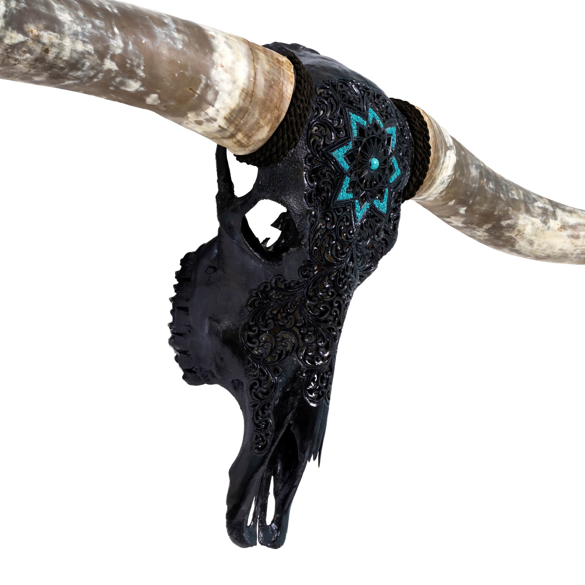 Hand Carved Longhorn Skull - Black Glowing Mandala