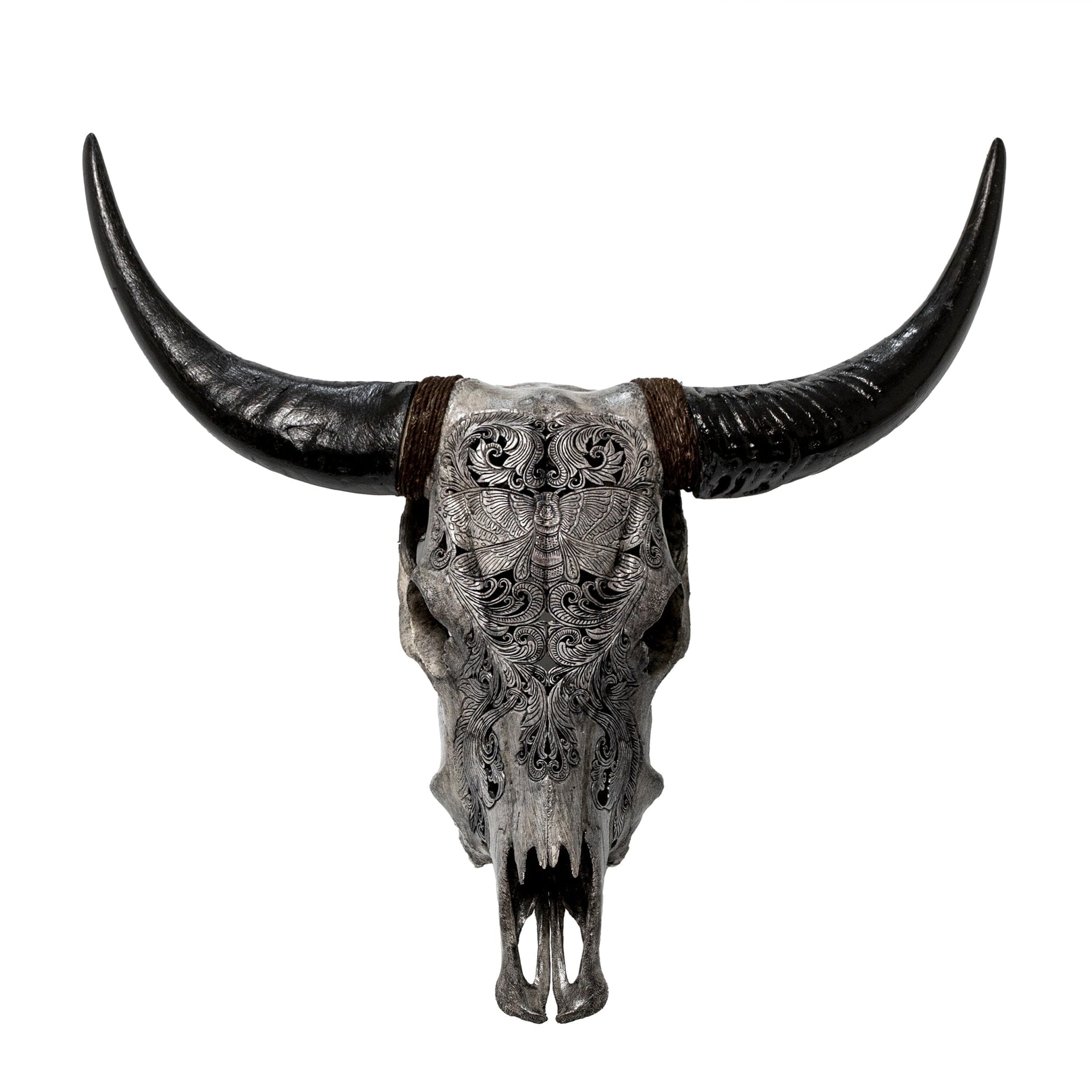 Hand Carved Cow Skull - Gray Moth