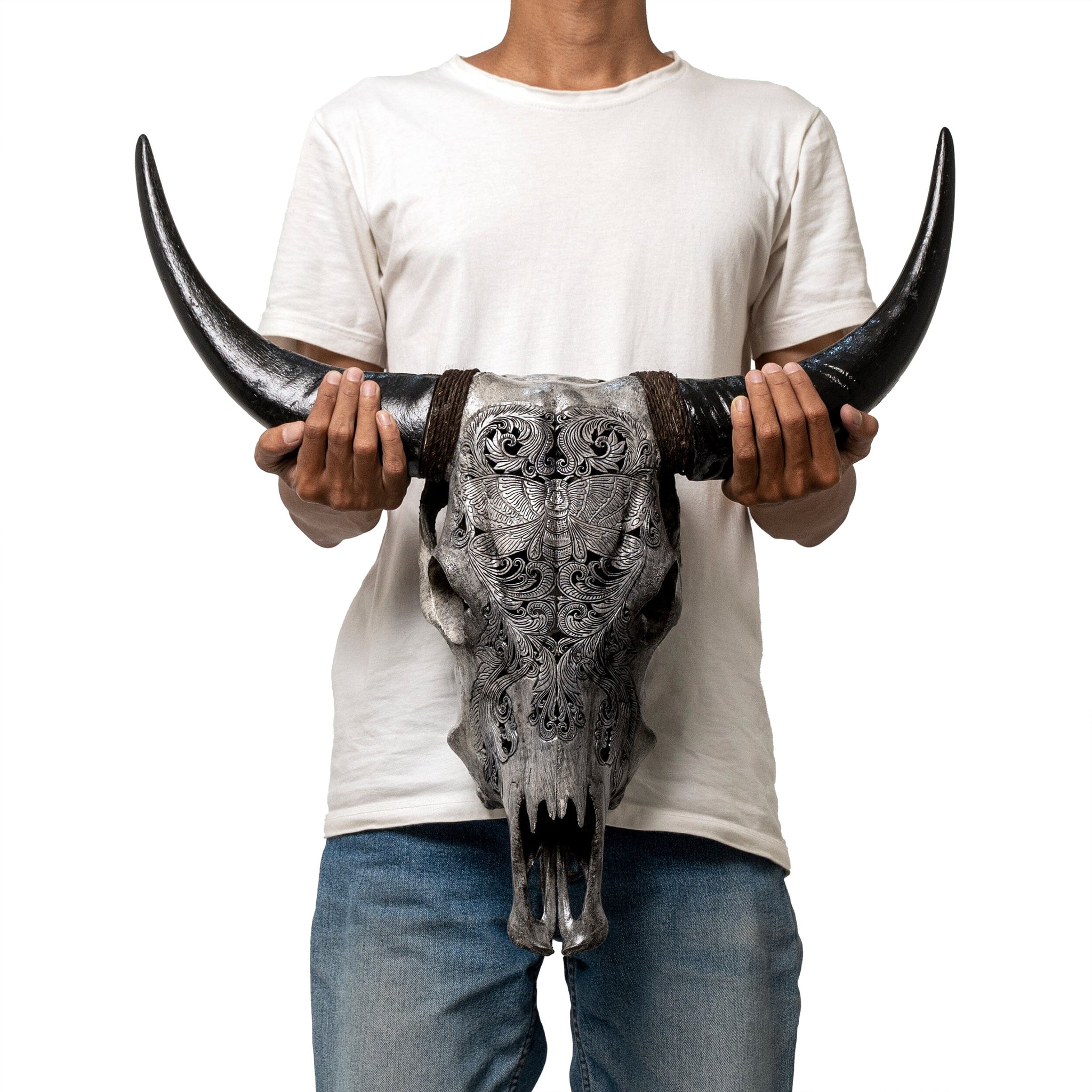 Hand Carved Cow Skull - Gray Moth
