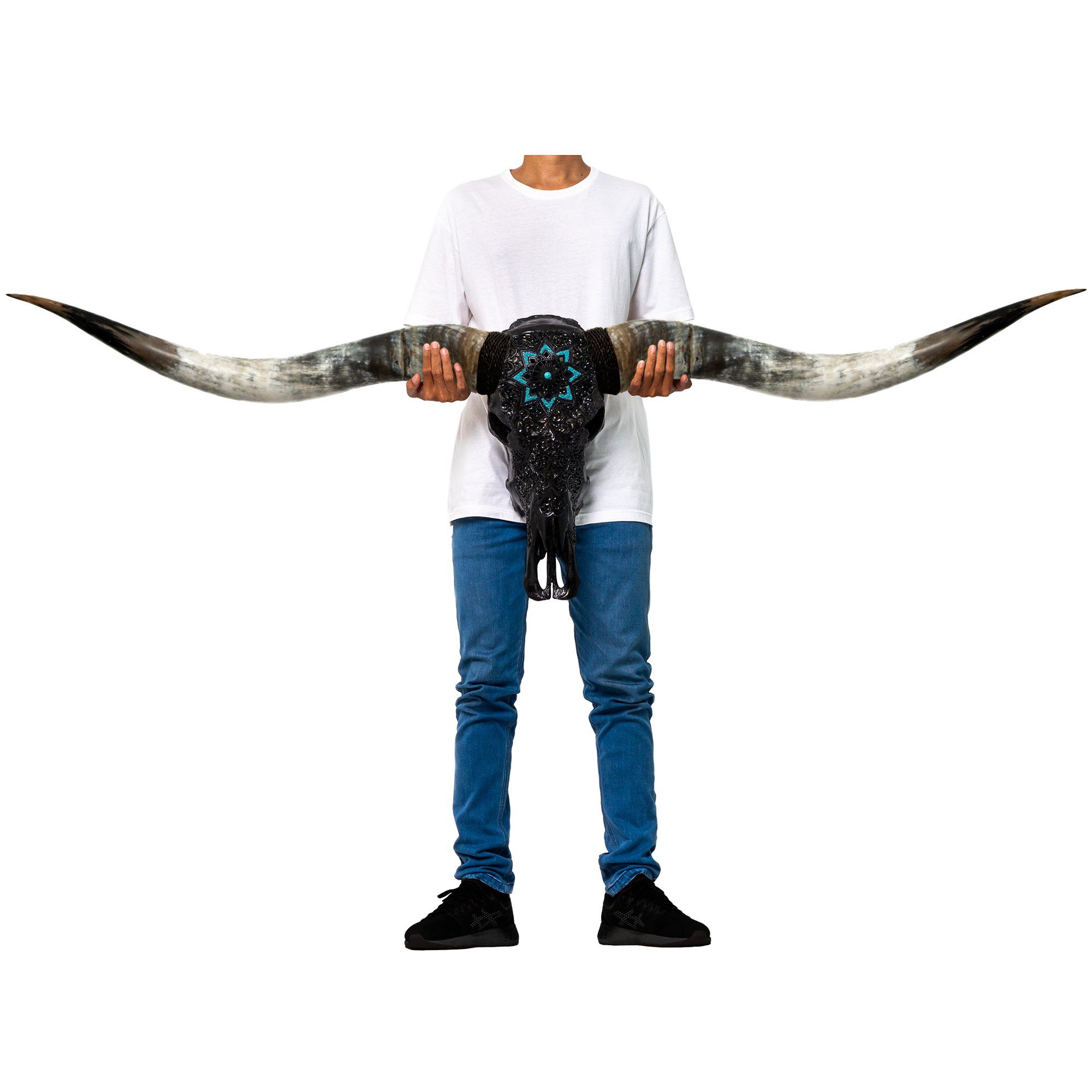 Hand Carved Longhorn Skull // XL Horns - Black Glowing Mandala