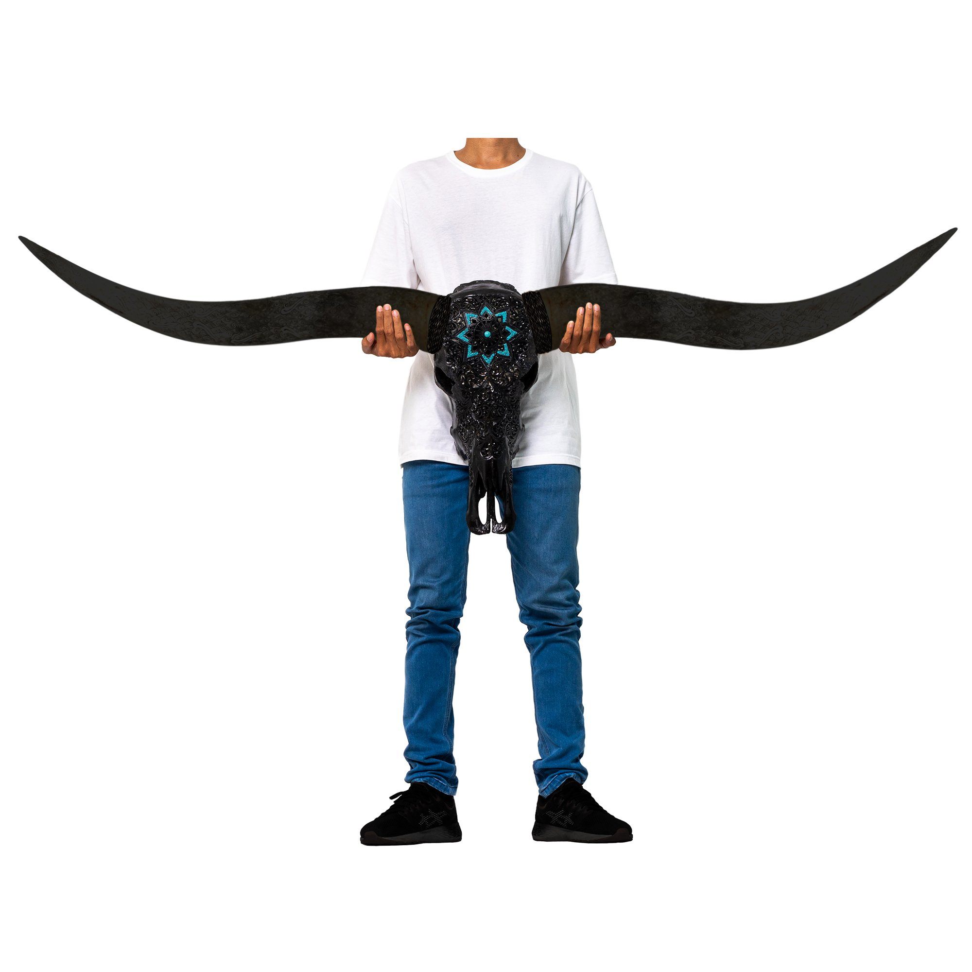 Hand Carved Longhorn Skull // Black XL Horns - Black Glowing Mandala