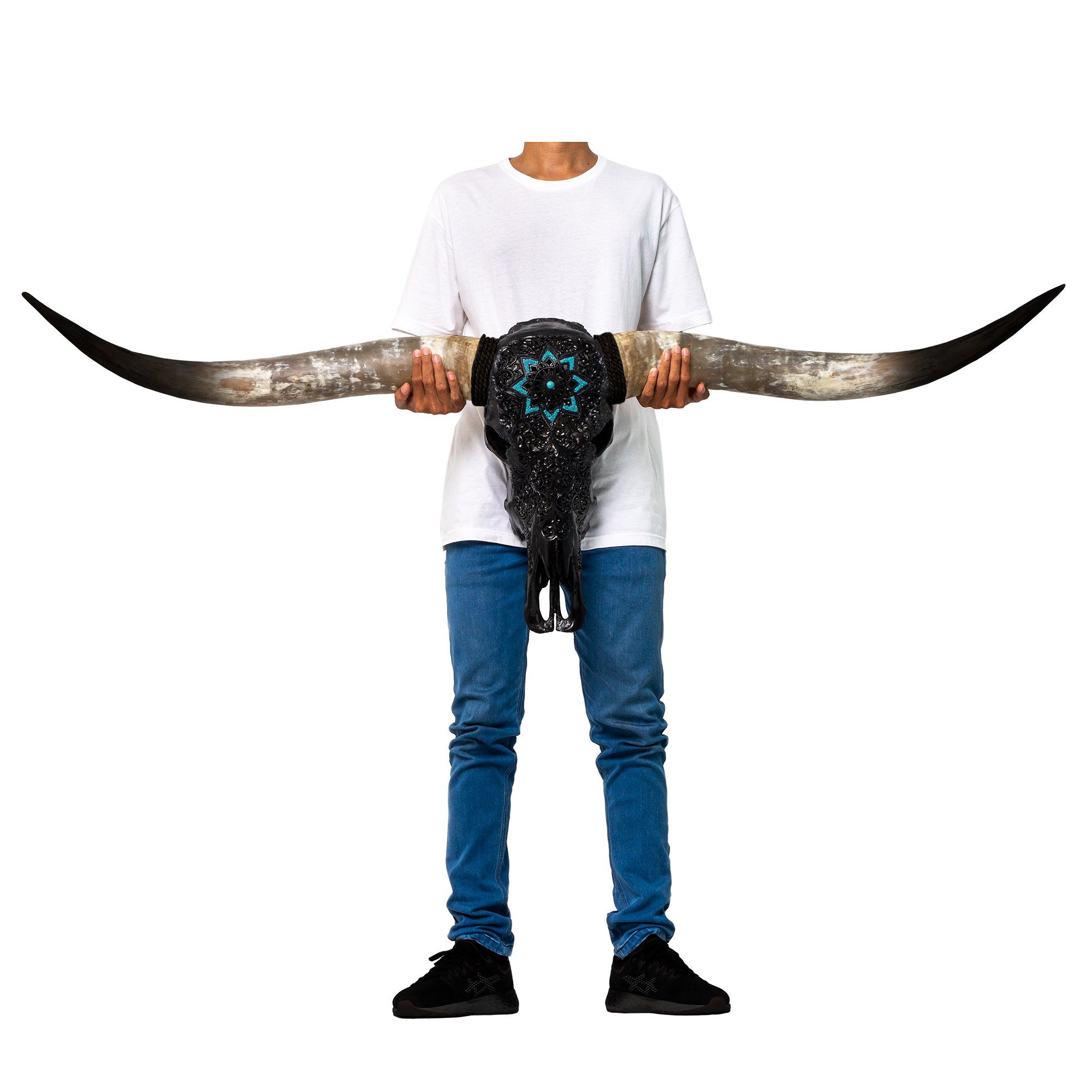 Hand Carved Longhorn Skull - Black Glowing Mandala