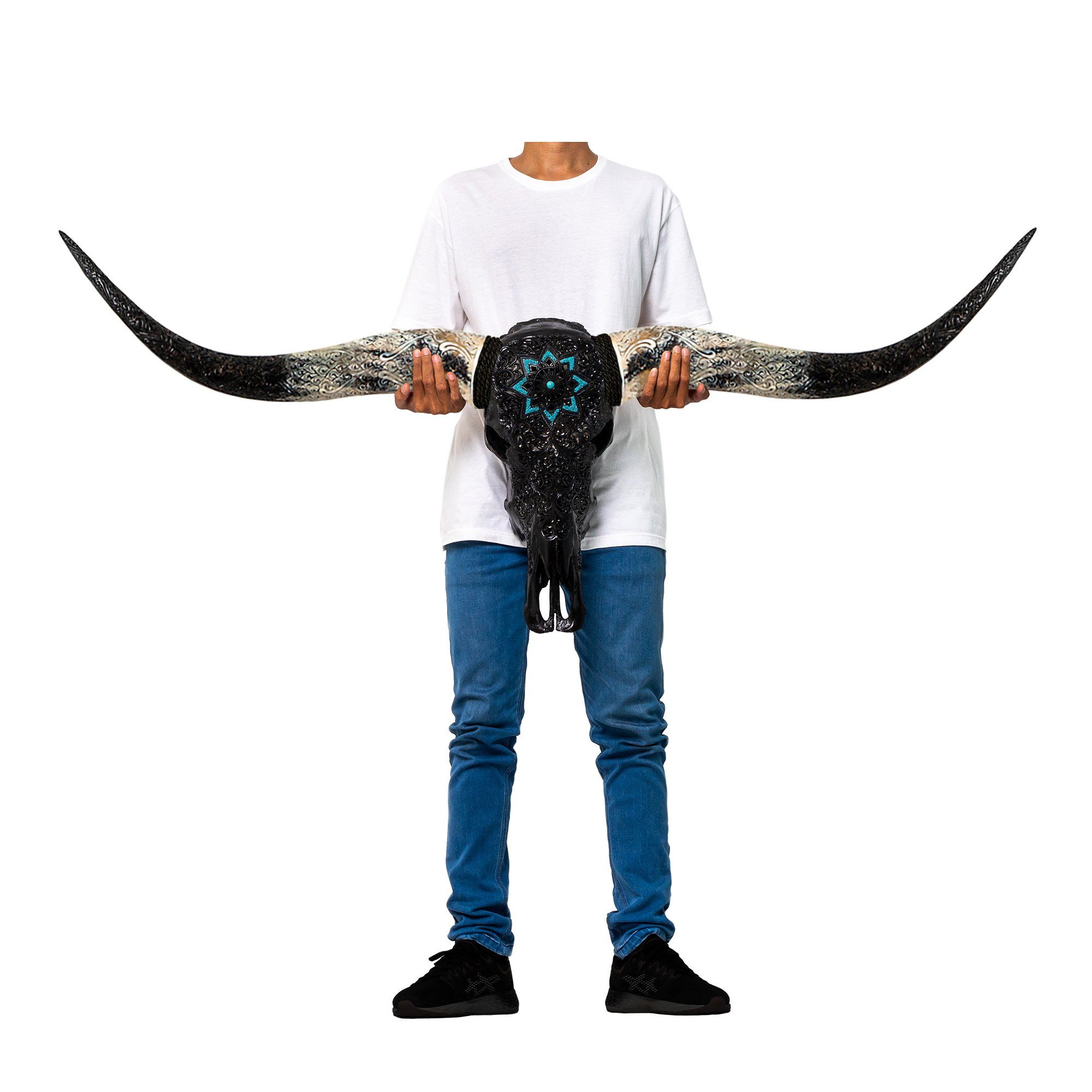 Hand Carved Longhorn Skull - Black Glowing Mandala
