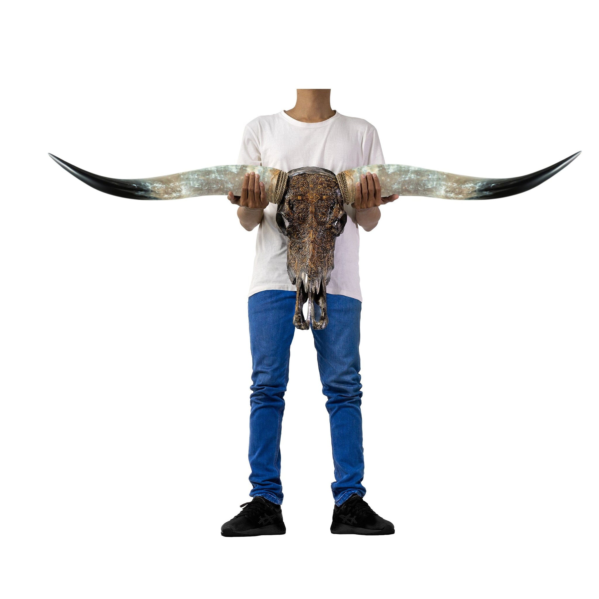 Hand Carved Longhorn Skull - Antique Gray Fine Line