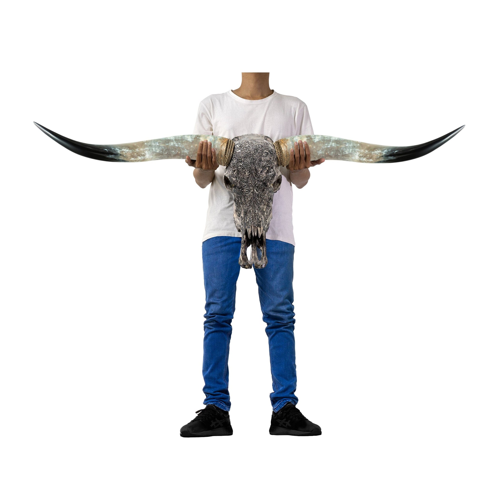 Hand Carved Longhorn Skull - Gray Fine Line