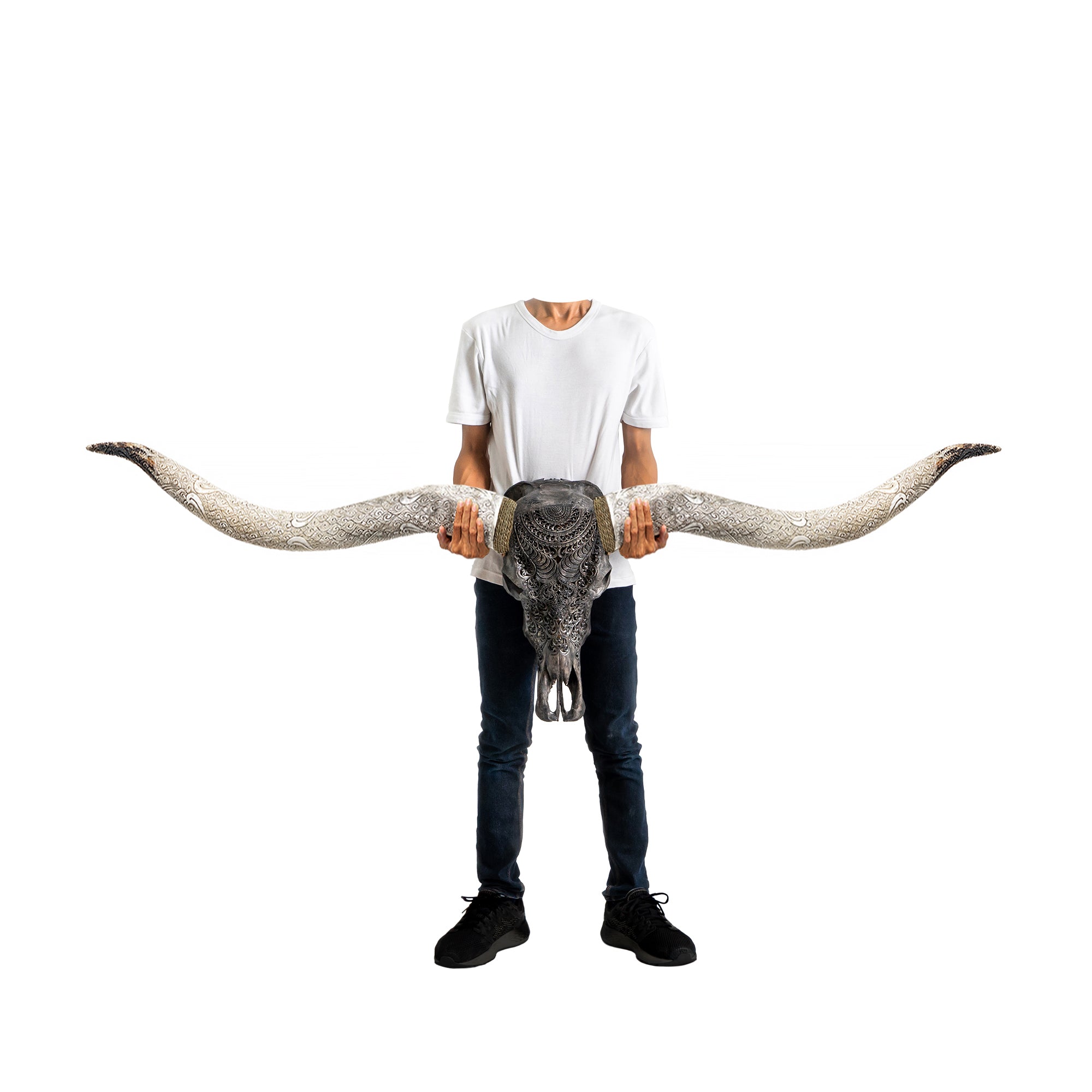 Hand Carved Longhorn Skull // XL Horns - Gray Boho